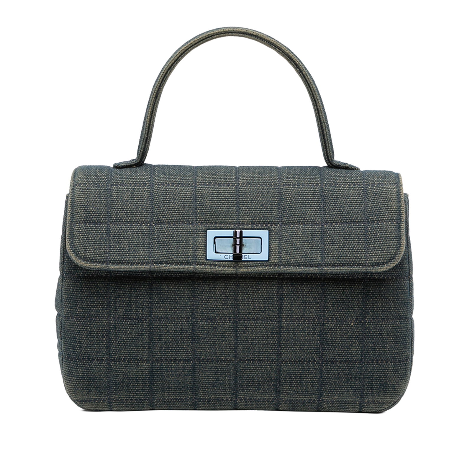 Chanel Denim Reissue 2.55 Chocolate Bar Top Handle Flap Bag: Chanel Denim Reissue 2.55 Chocolate Bar Top Handle Flap Bag This Chanel Reissue 2.55 Chocolate Bar Denim Top Handle Flap handbag features a square quilted blue denim body, a flat denim top handle, and