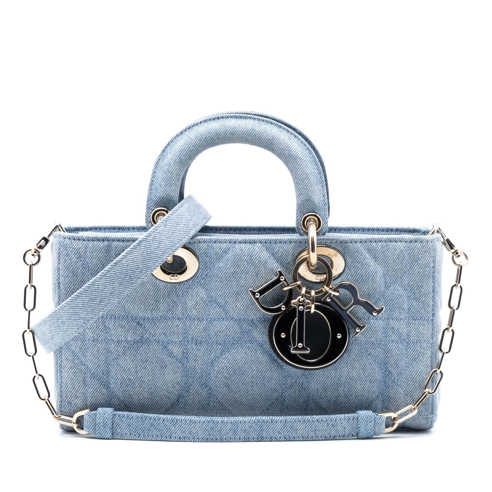 Dior Lady D Joy Bag Medium Denim Macrocannage with Adjustable Strap: Dior Lady D Joy Bag Medium Denim Macrocannage with Adjustable Strap This Dior Medium Denim Macrocannage Lady D-Joy bag showcases a quilted denim body in blue, complemented by flat top handles, an adju