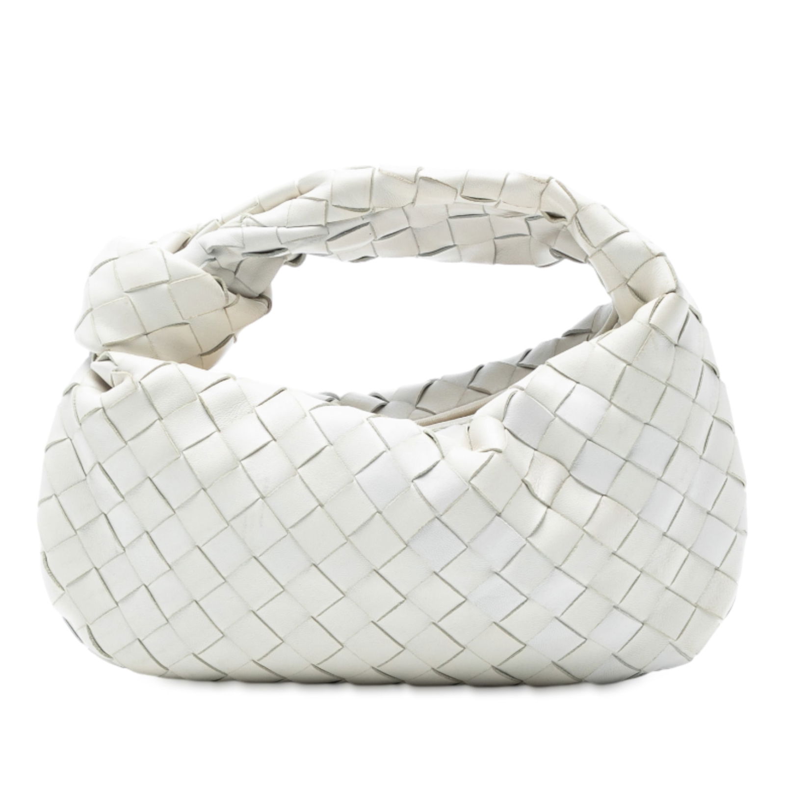 Bottega Veneta Mini Nappa Intrecciato Jodie Bag White Leather: Bottega Veneta Mini Nappa Intrecciato Jodie Bag White Leather Introducing the Bottega Veneta Mini Nappa Intrecciato Jodie, a stylish and sophisticated bag crafted from high-quality woven leather. This