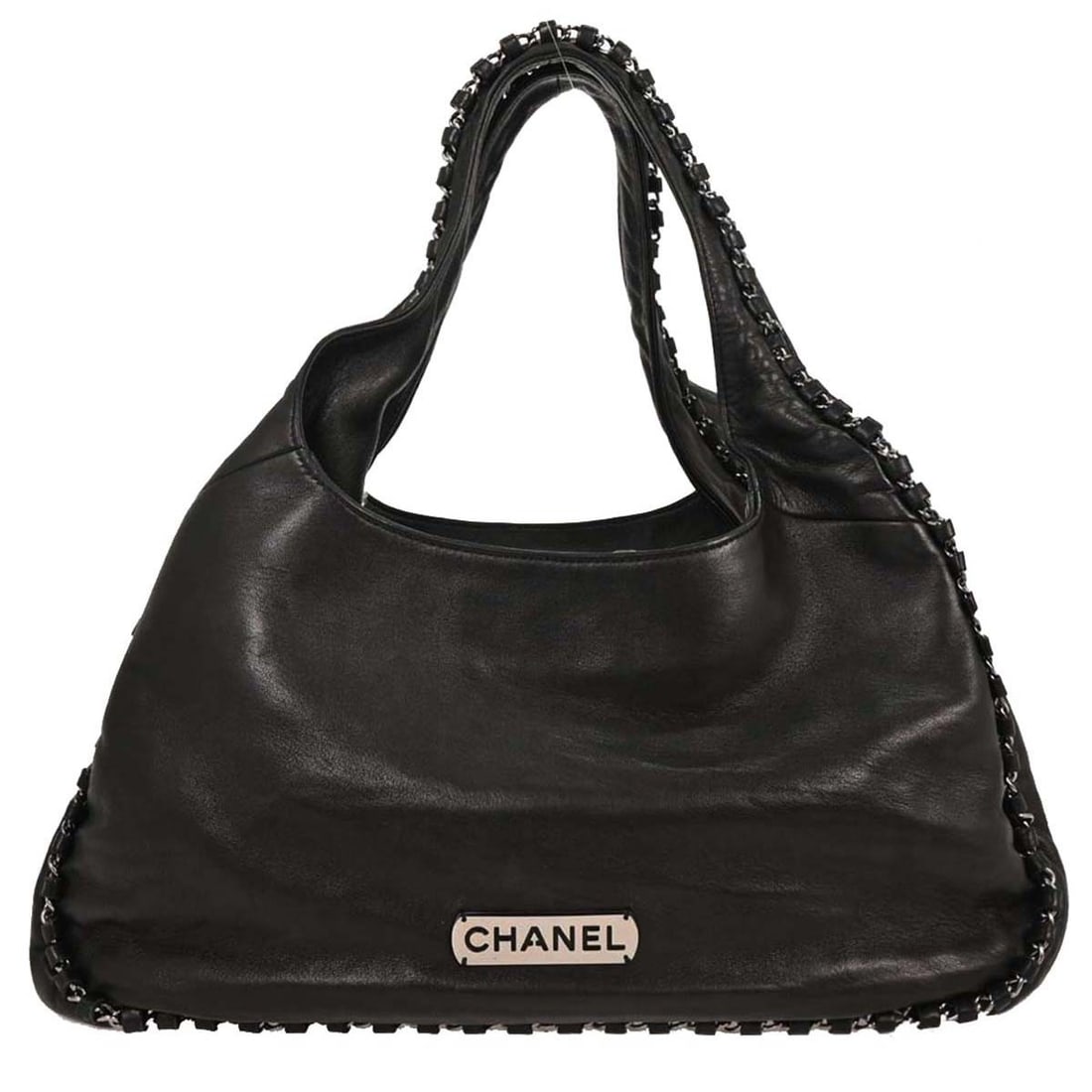 Chanel Luxury Chain Around Medium Black Lambskin Hobo Shoulder Bag: Chanel Luxury Chain Around Medium Black Lambskin Hobo Shoulder Bag This Chanel Luxury Chain Around Hobo Bag features a classic black lambskin exterior and a magnetic closure. The medium-sized bag is d
