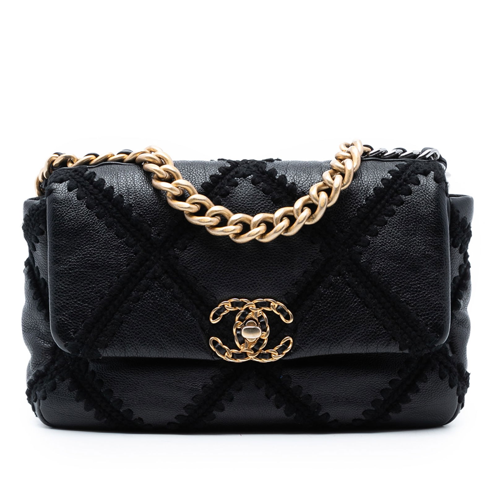 Chanel Medium Crochet Calfskin 19 Flap Black Bag: Chanel Medium Crochet Calfskin 19 Flap Black Bag The Chanel Medium Crochet Calfskin 19 Flap bag showcases a luxurious quilted calf leather body accentuated by intricate crochet stitching. This elegant
