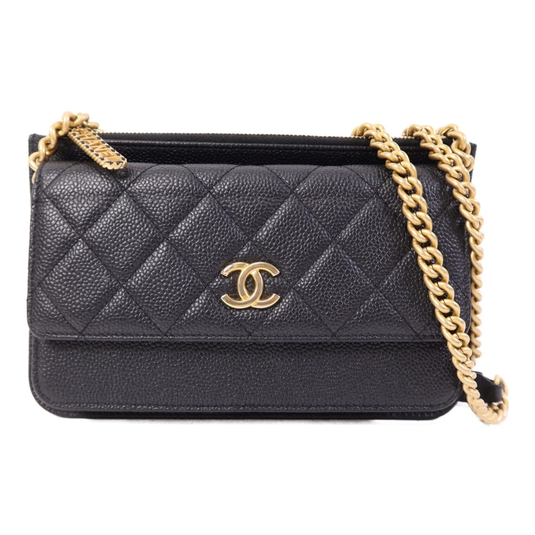 Black Calfskin Shoulder Bag with CC Logo and Gold Hardware by CHANEL: Black Calfskin Shoulder Bag with CC Logo and Gold Hardware by CHANEL This CHANEL CC shoulder bag features luxurious black calfskin leather and a classic chain strap. The bag is designed with a sleek s