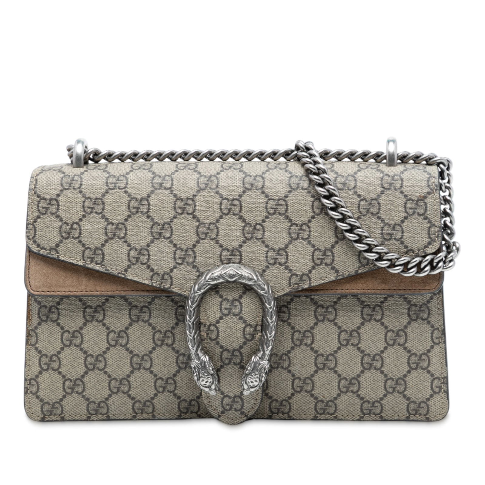 Gucci Dionysus GG Supreme Medium Canvas Shoulder Bag with Suede Trim: Gucci Dionysus GG Supreme Medium Canvas Shoulder Bag with Suede Trim This Gucci Medium GG Supreme Dionysus Shoulder Bag features a coated canvas body with suede leather trim, a silver-tone chain link