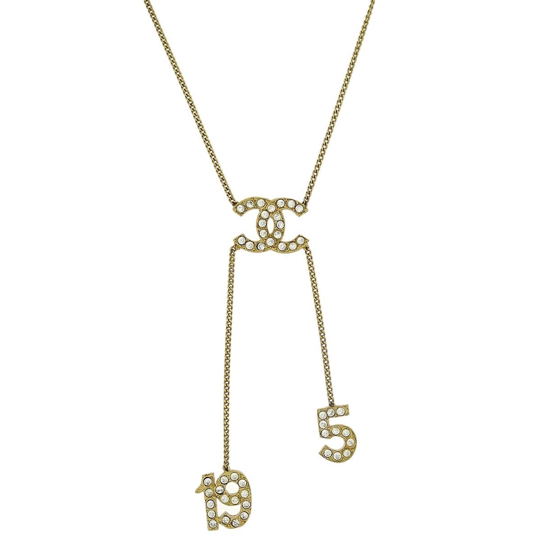 Chanel Gold-Plated CC Charm Pendant Necklace with Rhinestones: Chanel Gold-Plated CC Charm Pendant Necklace with Rhinestones This exquisite Chanel Gold CC Pendant Necklace features a stunning CC pendant shape adorned with sparkling rhinestones. Crafted from luxur