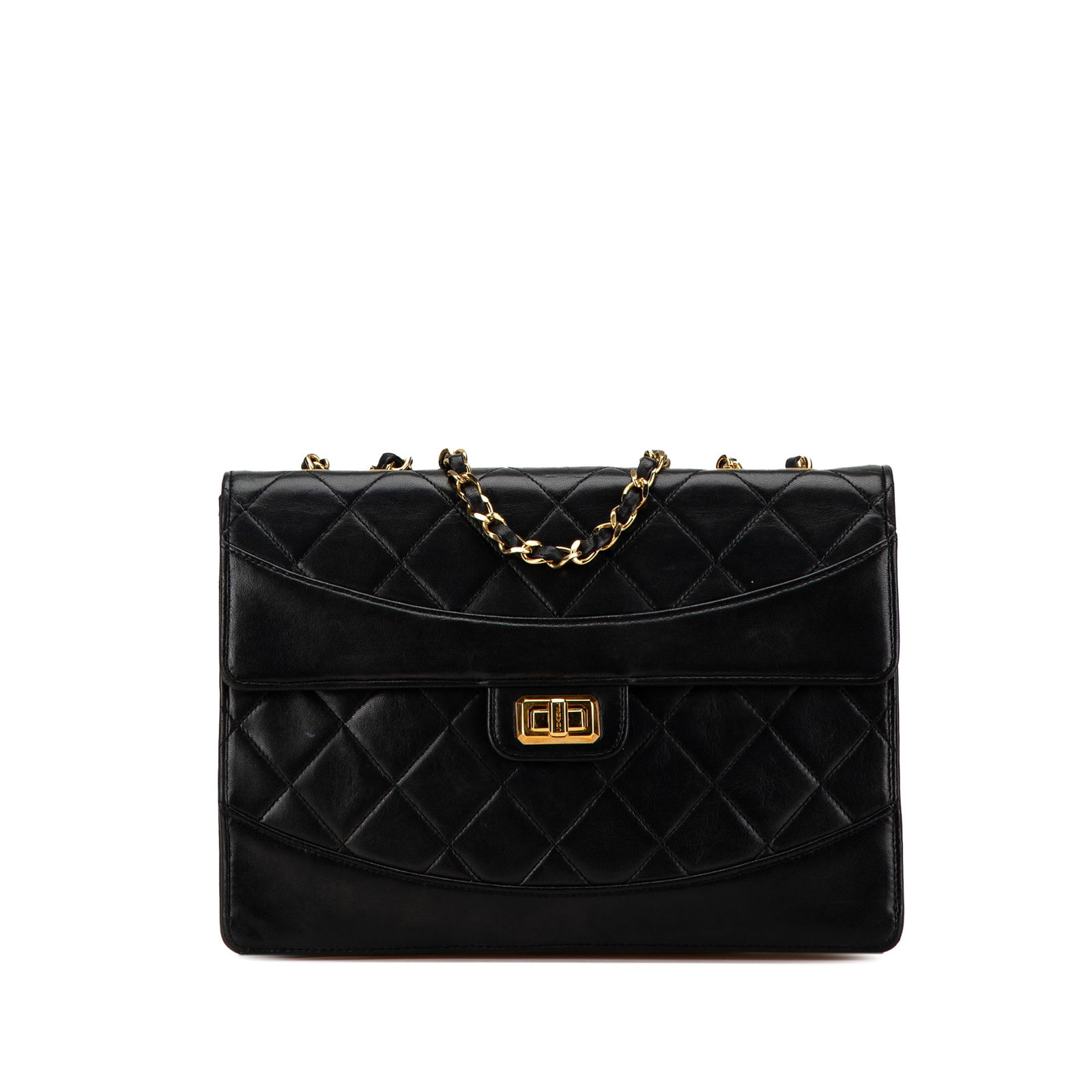 Chanel Medium Reissue 2.55 Black Quilted Lambskin Bag with Leather Strap: Chanel Medium Reissue 2.55 Black Quilted Lambskin Bag with Leather Strap Presenting the Chanel Medium Reissue 2.55, a luxurious black quilted lambskin single flap bag that exudes elegance and style. T