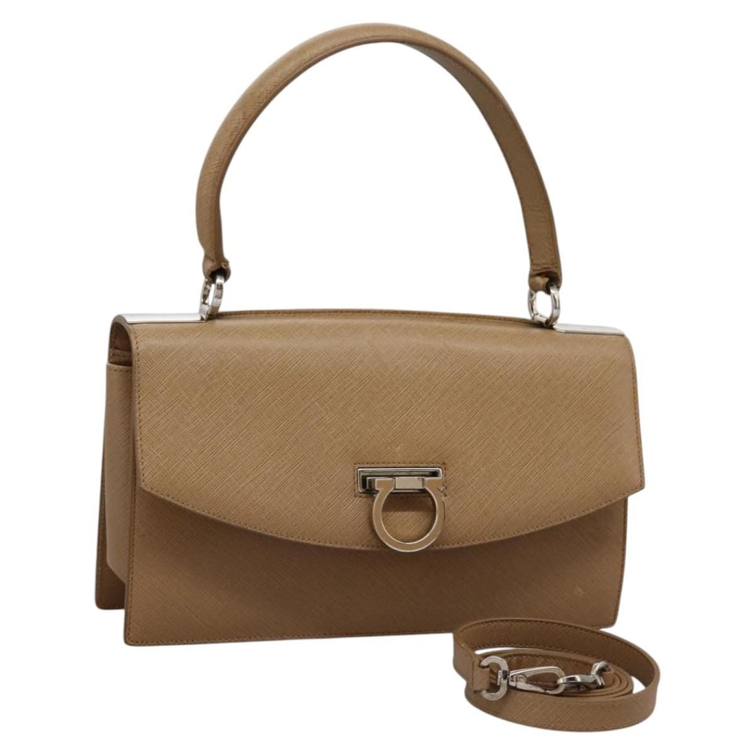 Salvatore Ferragamo Gancini Hand Bag Leather Beige Silver Made in Italy (1 of 18)