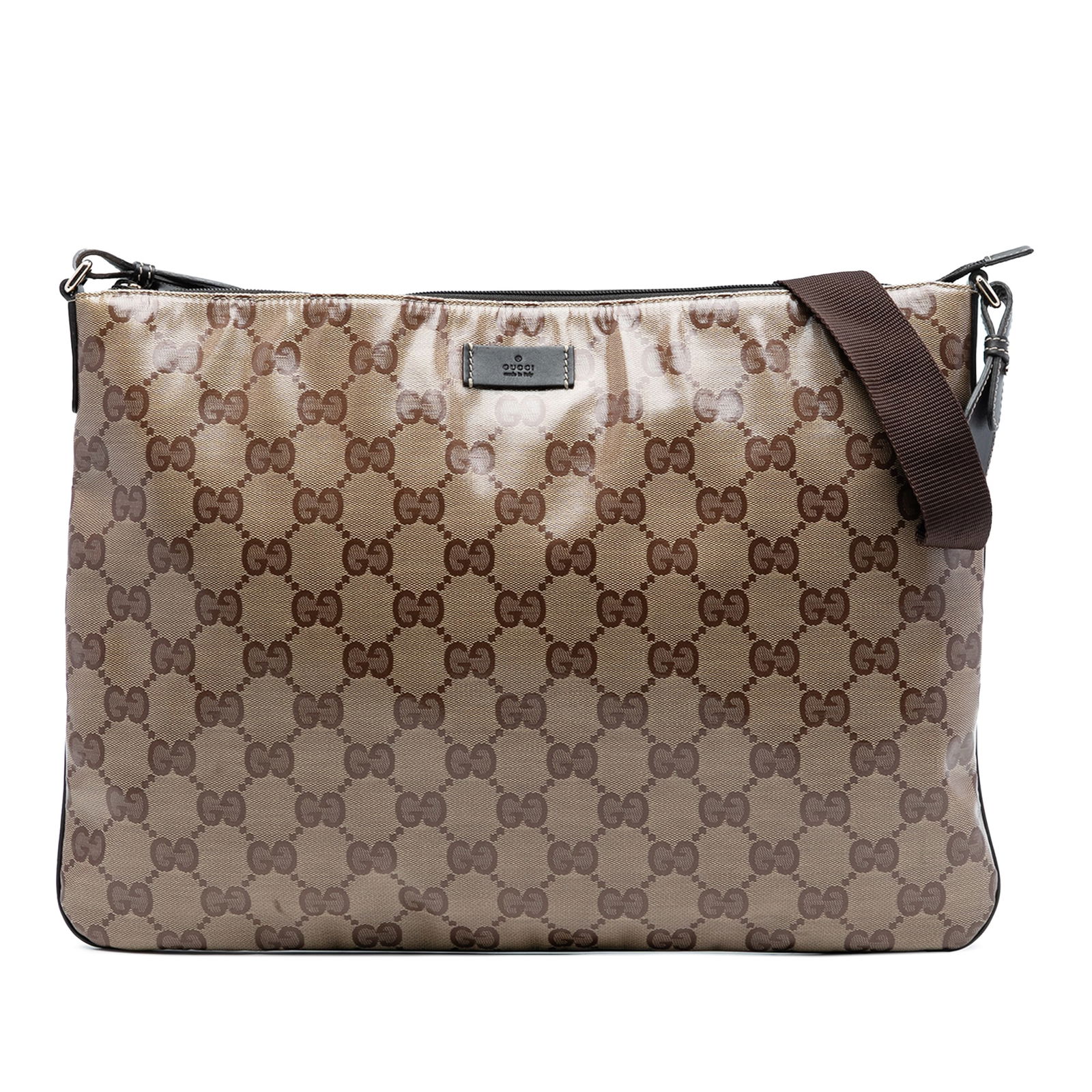 Gucci GG Crystal Brown Coated Canvas Crossbody Bag with Leather Trim: Gucci GG Crystal Brown Coated Canvas Crossbody Bag with Leather Trim This Gucci GG Crystal Crossbody bag features a coated canvas body with leather trim, an adjustable flat shoulder strap, a top zip c