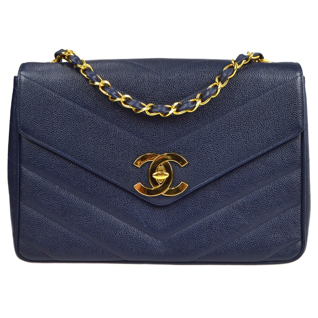Chanel Navy Caviar Chevron Jumbo Chain Shoulder Bag (1 of 10)