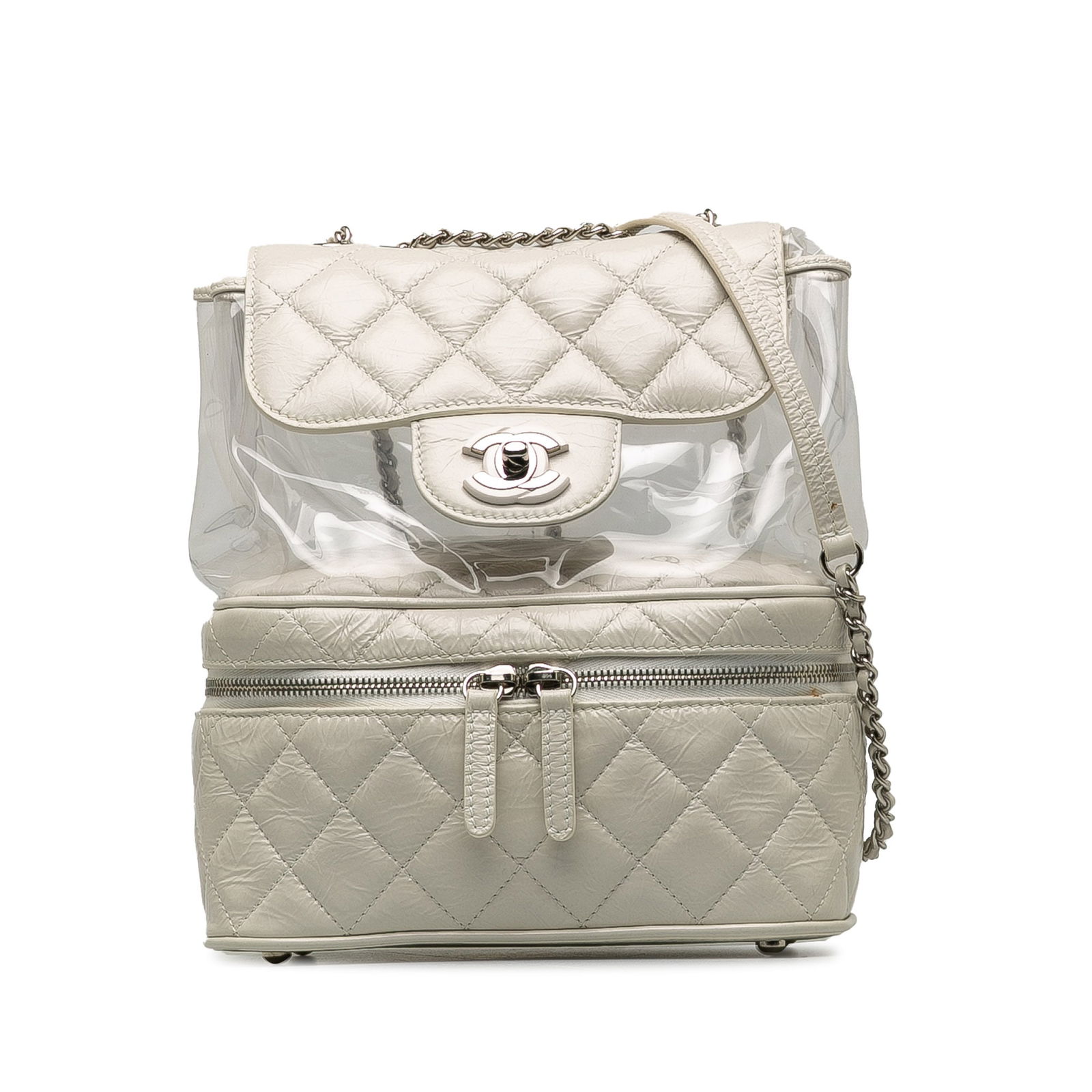 Chanel White Quilted Lambskin PVC Aquarium Backpack: Chanel White Quilted Lambskin PVC Aquarium Backpack The Chanel Aquarium Backpack is a stylish and practical accessory crafted from quilted lambskin leather and PVC. This distinctive backpack features