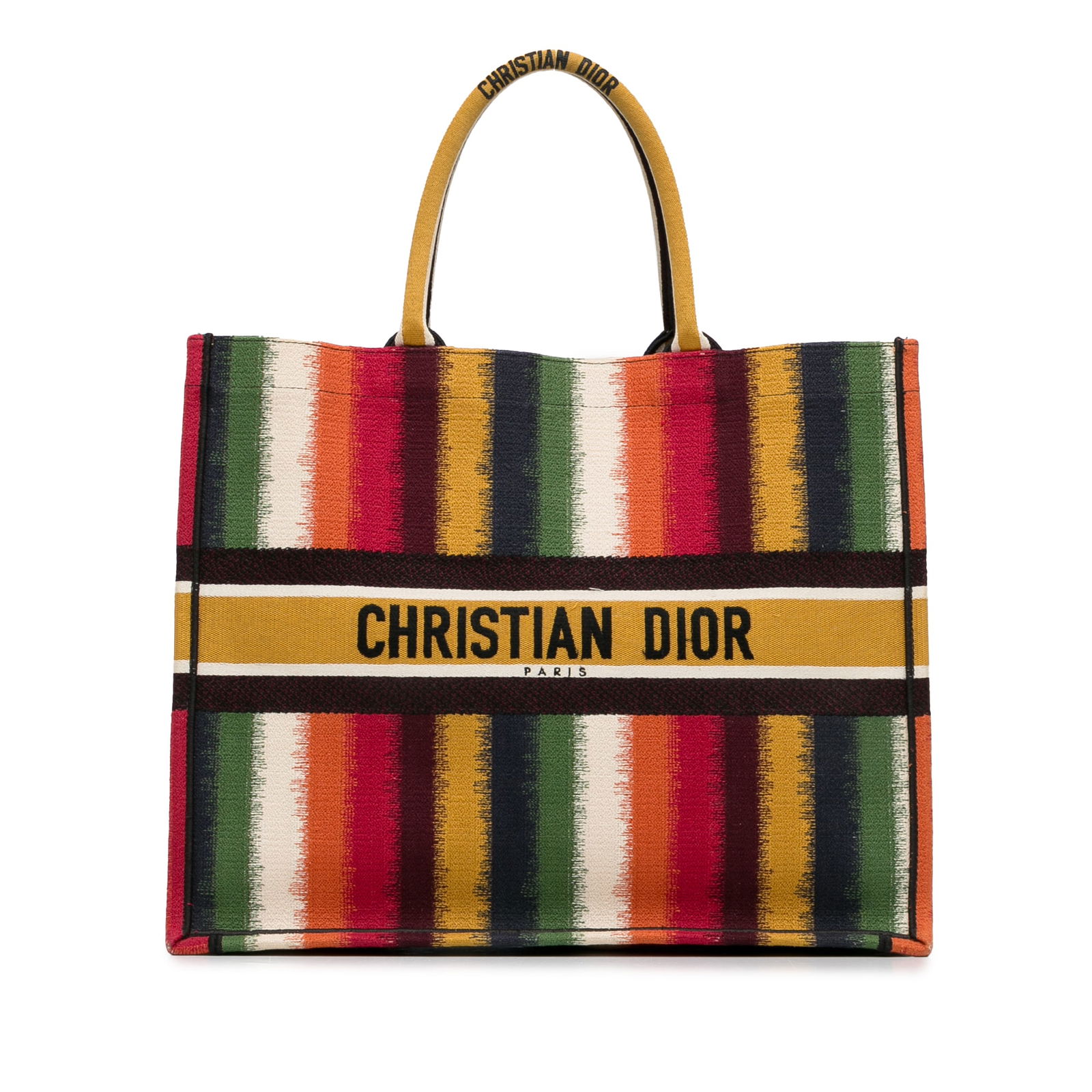 Dior Large Striped Book Tote Yellow Canvas Bag from Italy: Dior Large Striped Book Tote Yellow Canvas Bag from Italy This Dior Large Striped Book Tote is a stylish and functional accessory, featuring a durable canvas body and rolled top handles for easy carry