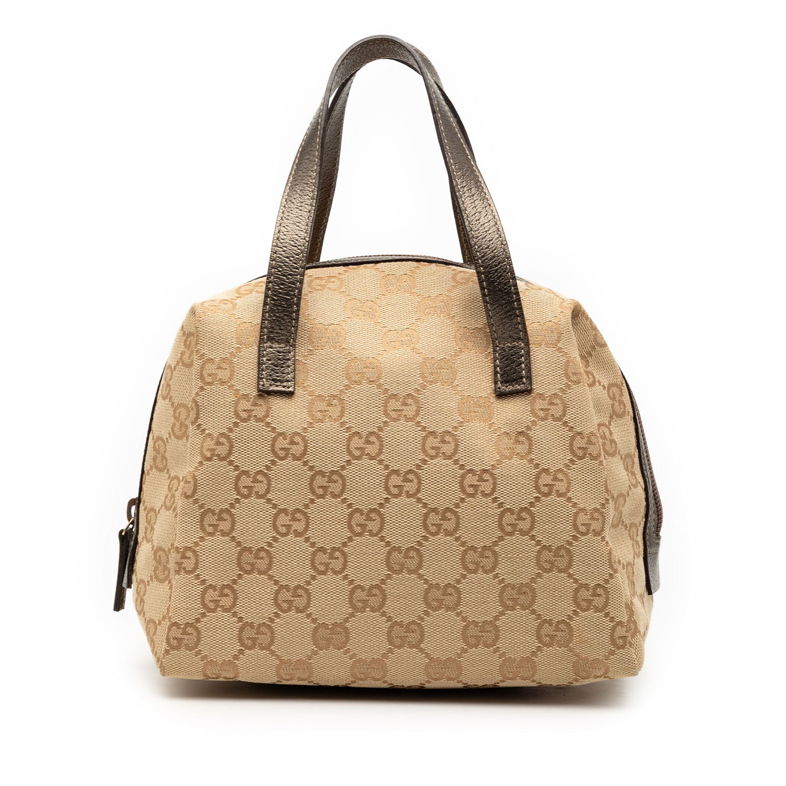 Gucci Balthus Tofu Mini GG Canvas Brown Handbag with Metallic Leather Trim: Gucci Balthus Tofu Mini GG Canvas Brown Handbag with Metallic Leather Trim This Gucci Mini GG Canvas Balthus Tofu Bag features a canvas body with metallic leather trim, flat leather handles, and a top