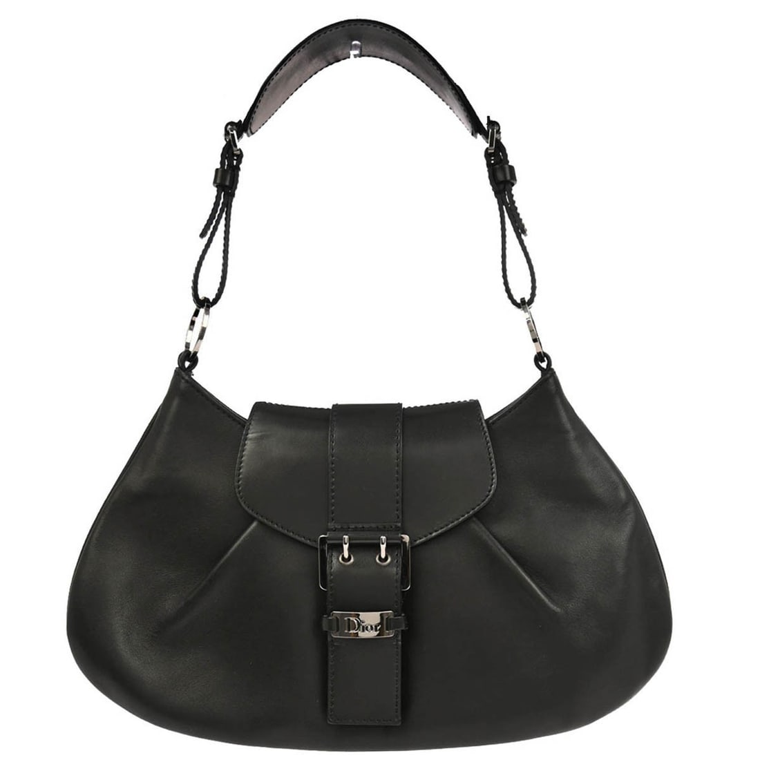 Dior Small Black Leather Top Handle Bag with Silver Hardware: Dior Small Black Leather Top Handle Bag with Silver Hardware This Christian Dior top handle handbag is crafted from black leather and features silver-tone hardware, a magnetic closure, and logo accent