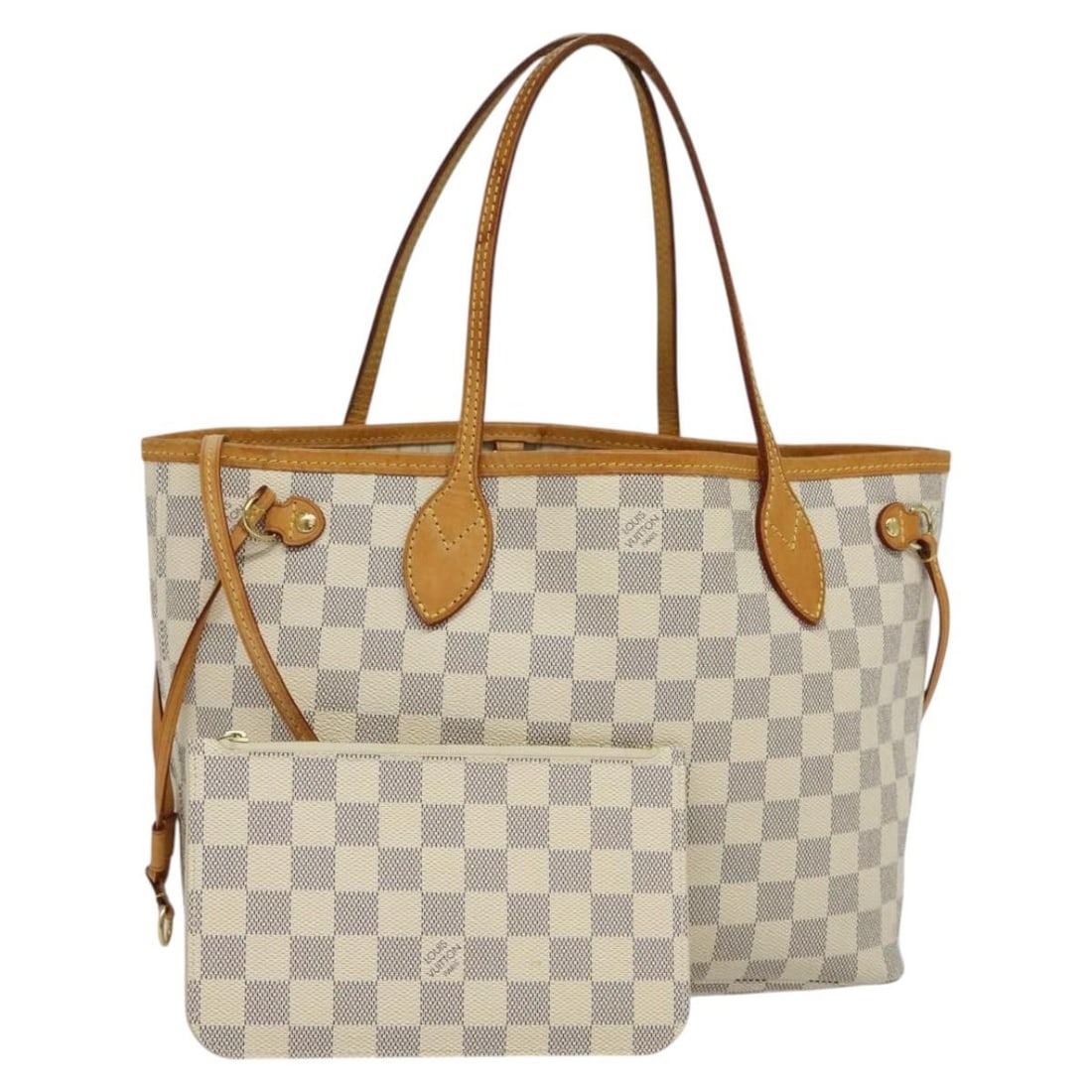 Damier Azur Canvas Neverfull PM Tote with Pouch by Louis Vuitton N41362: Damier Azur Canvas Neverfull PM Tote with Pouch by Louis Vuitton N41362 This is a Louis Vuitton Neverfull PM tote bag in the Damier Azur canvas. The bag features Damier Azur patterned exterior and com