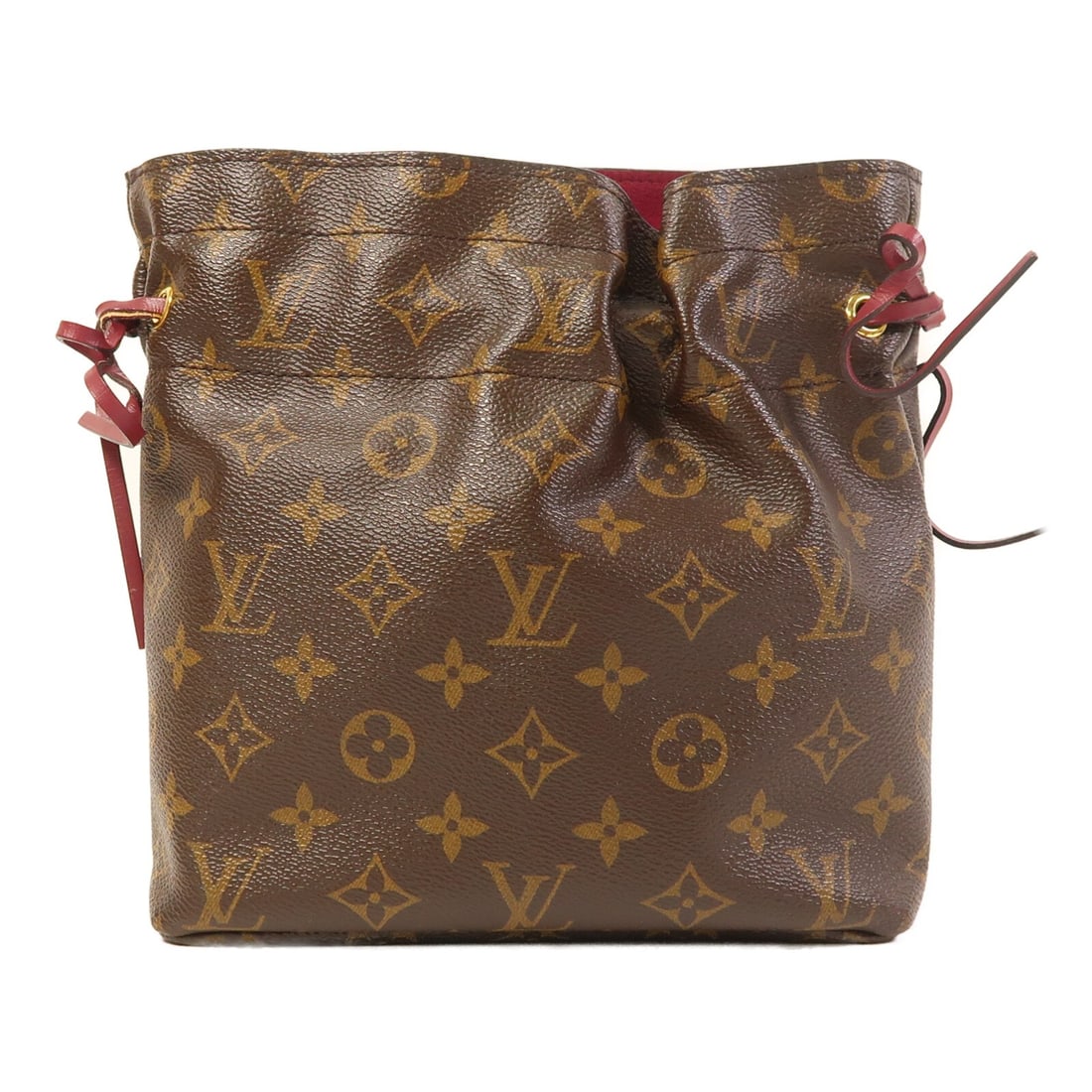 Noe Pouch Clutch with Gold Hardware by Louis Vuitton Monogram M43445: Noe Pouch Clutch with Gold Hardware by Louis Vuitton Monogram M43445 This Louis Vuitton Noe pouch clutch bag features the classic monogram pattern in brown PVC coated canvas. It is designed with gold