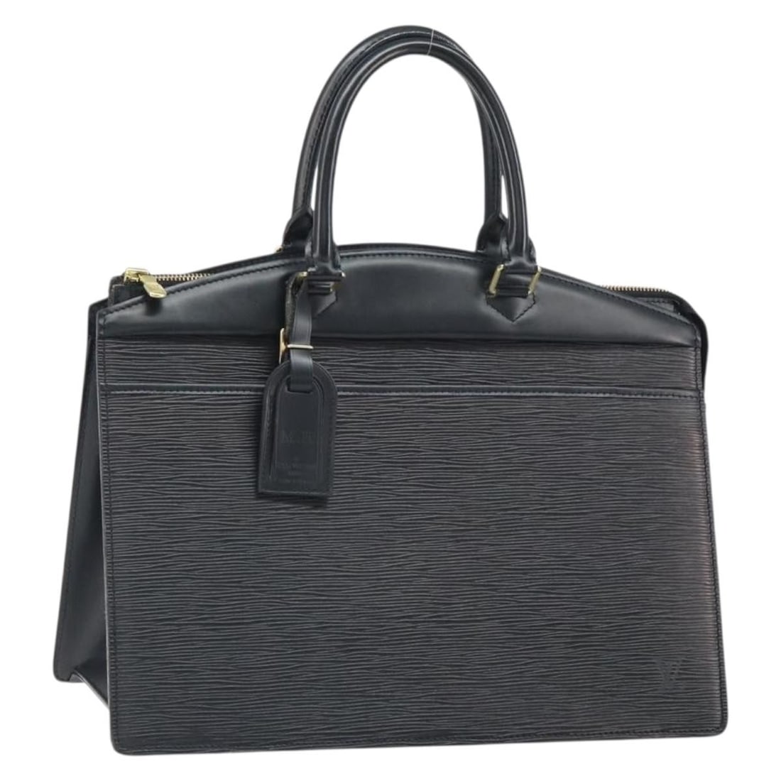 Louis Vuitton Epi Riviera Noir Black Leather M48182 Handbag with Name Tag: Louis Vuitton Epi Riviera Noir Black Leather M48182 Handbag with Name Tag This Louis Vuitton Epi Riviera hand bag features the signature Epi leather in noir black with a structured silhouette. It incl
