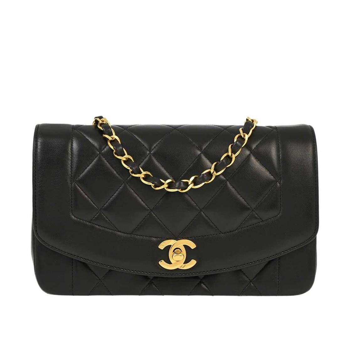 Chanel Black Lambskin Small Diana Shoulder Bag with Chain Strap: Chanel Black Lambskin Small Diana Shoulder Bag with Chain Strap This elegant Chanel Black Lambskin Small Diana Shoulder Bag is perfect for casual outings. Crafted from luxurious lambskin, it features