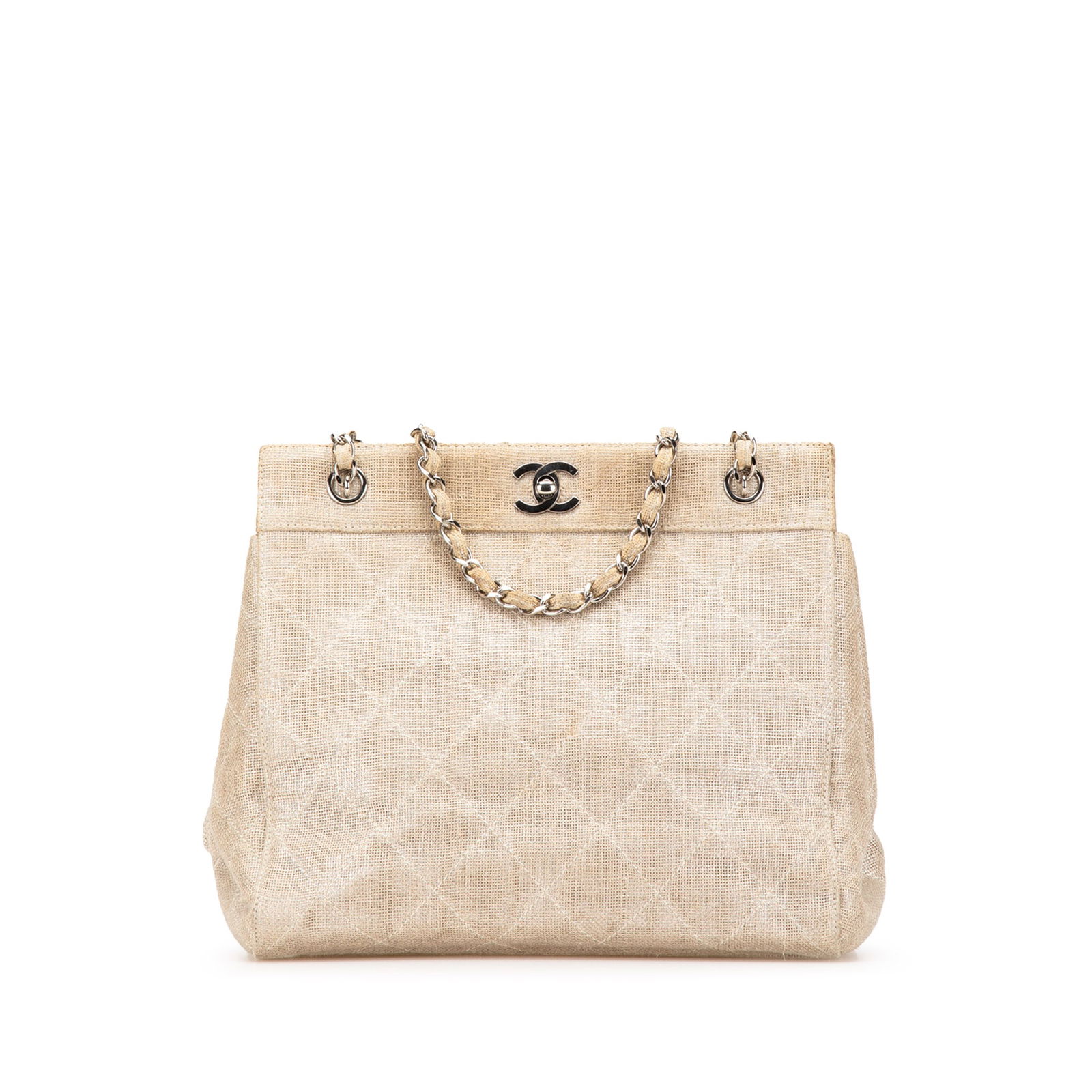Chanel CC Stitched Linen Chain Tote in Brown Fabric: Chanel CC Stitched Linen Chain Tote in Brown Fabric The Chanel CC Stitched Linen Chain Tote is a sophisticated accessory designed with a stitched linen body and elegant linen-woven chain straps. It fe