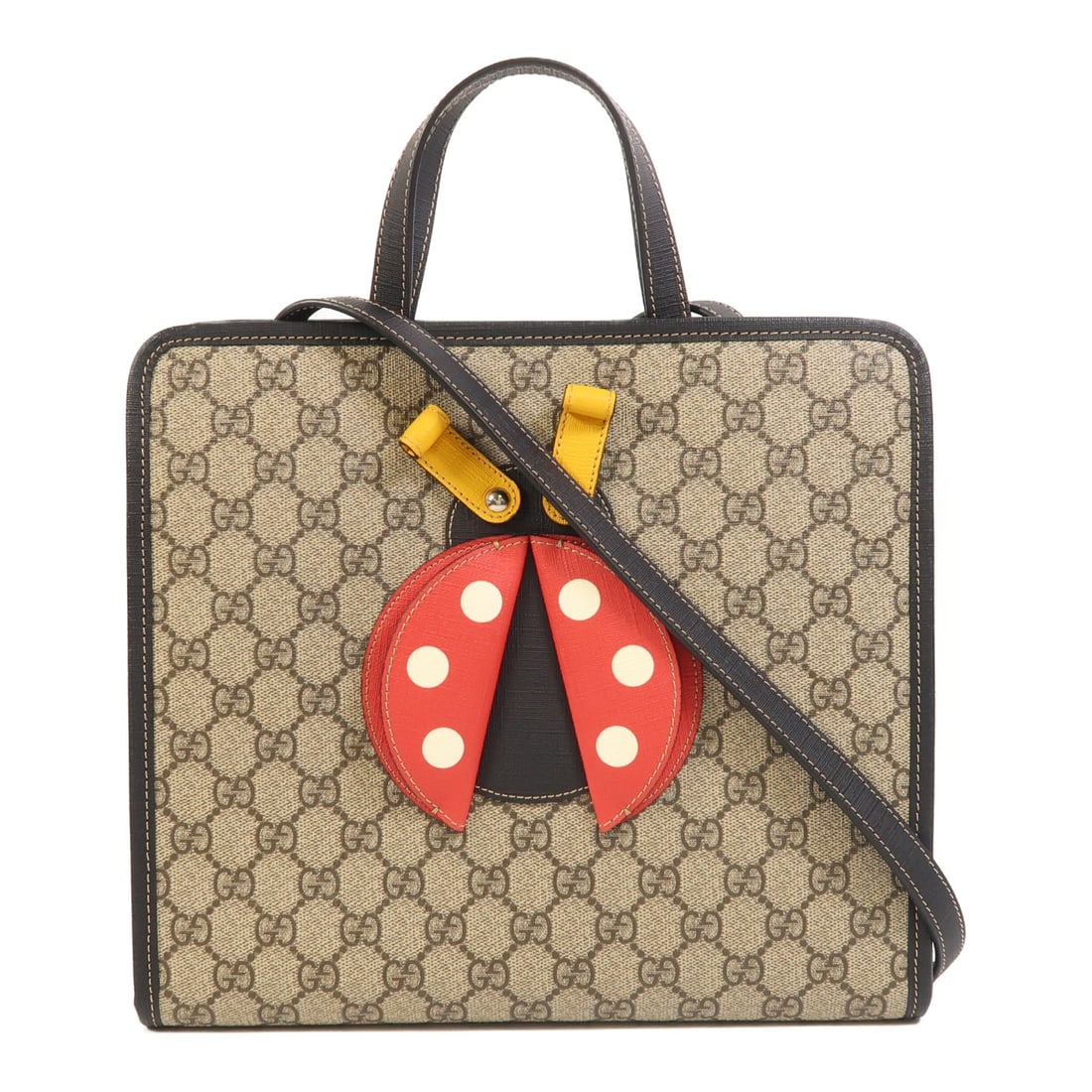 Gucci Ladybug 2way Shoulder Bag 667965 Brown Canvas and Calfskin: Gucci Ladybug 2way Shoulder Bag 667965 Brown Canvas and Calfskin This Gucci GG LadyBug 2-way shoulder bag features a brown PVC coated canvas exterior with calfskin leather accents. The bag offers vers