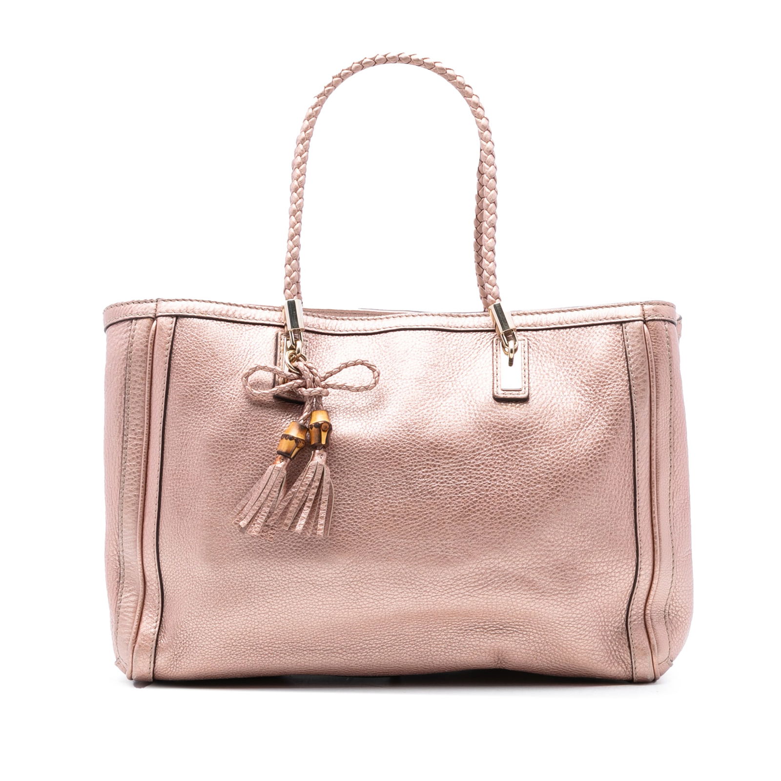 Gucci Bella Tote in Pink Metallic Leather with Braided Handles: Gucci Bella Tote in Pink Metallic Leather with Braided Handles This Gucci Medium Metallic Leather Bella Tote features a metallic pink leather body with braided straps and an open top secured by a lobs