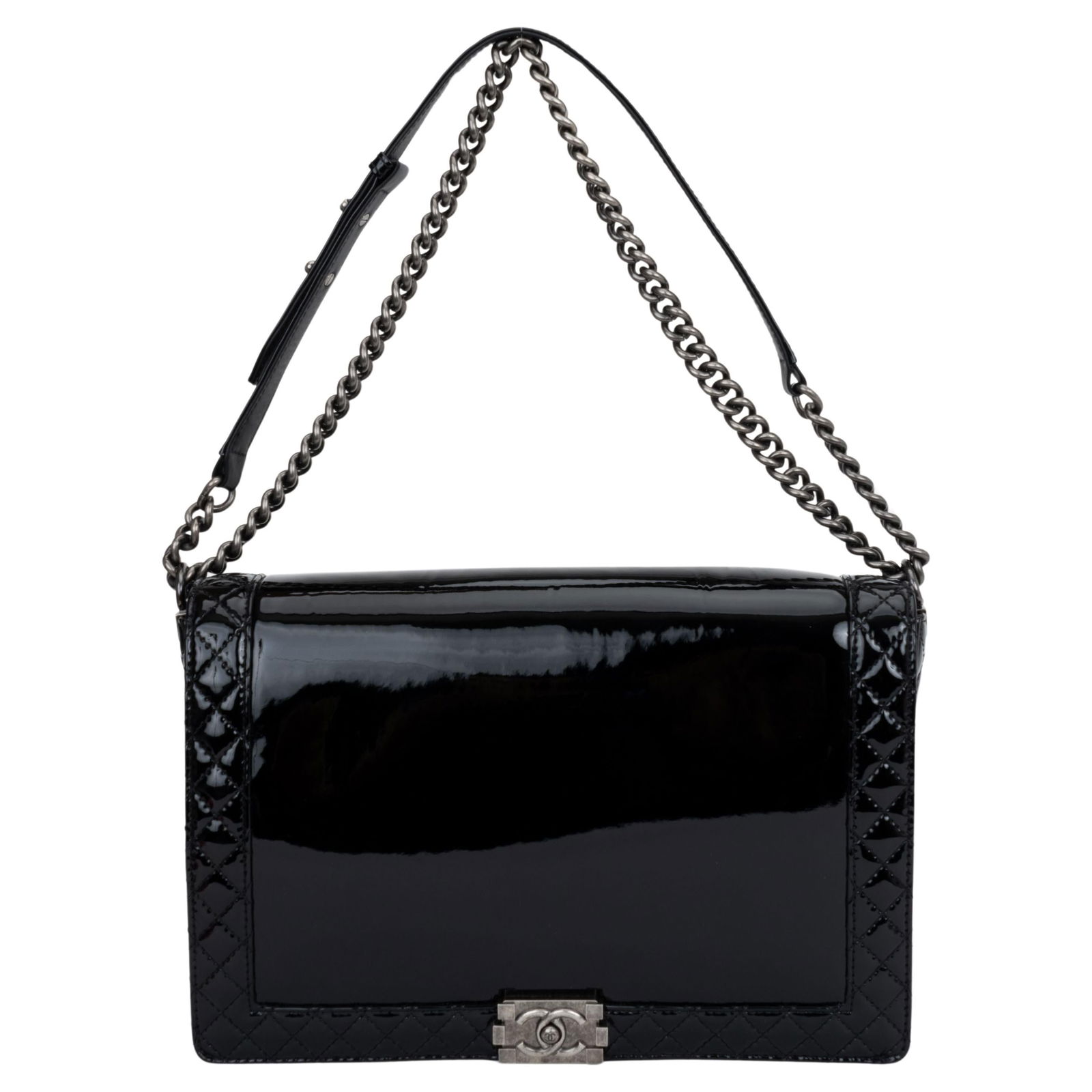 Chanel Black Patent Maxi Boy Bag with Ruthenium Hardware: Chanel Black Patent Maxi Boy Bag with Ruthenium Hardware This exquisite Chanel Black Patent Maxi Boy Bag is a must-have for fashion enthusiasts. Crafted from luxurious black patent leather and adorned