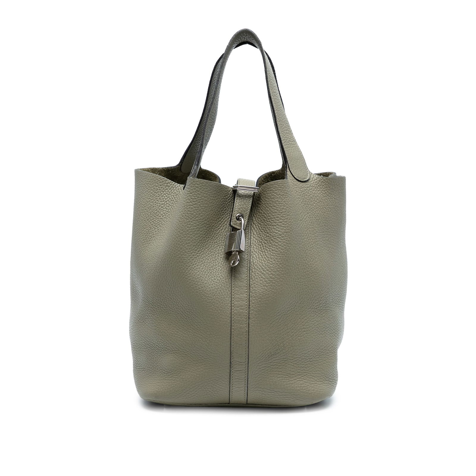 Hermes Clemence Picotin Lock 22 Gray Leather Handbag: Hermes Clemence Picotin Lock 22 Gray Leather Handbag The Hermes Clemence Picotin Lock 22 is a stylish bag crafted from high-quality Clemence leather in a sophisticated Sauge color. This chic accessory