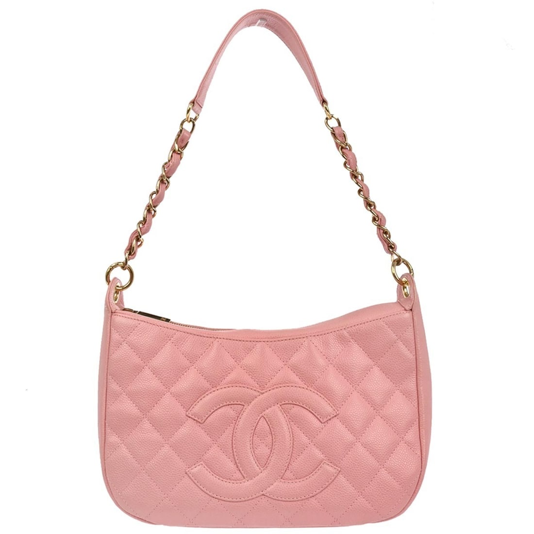Chanel Pink Caviar Leather Hobo Bag with Canvas Lining: Chanel Pink Caviar Leather Hobo Bag with Canvas Lining This Chanel hobo handbag features a pink caviar skin leather exterior with logo accents and a medium-sized silhouette. The bag includes a top han
