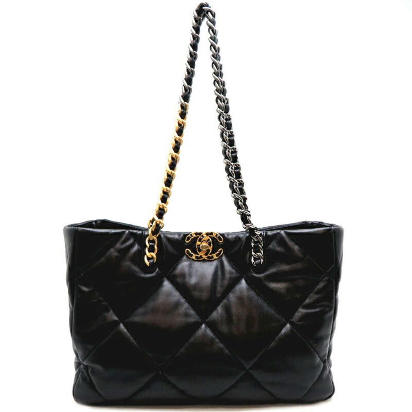 Black Leather Chanel 19 Tote Bag with Turn Lock 23.5cm: Black Leather Chanel 19 Tote Bag with Turn Lock 23.5cm The Chanel 19 tote bag is crafted from black lambskin leather and features a turn-lock closure. Its elegant design and luxurious material make it