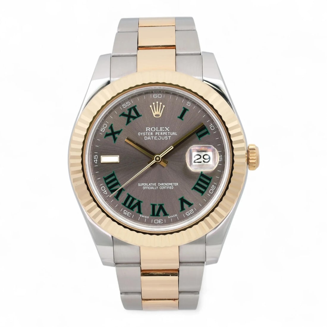 Wimbledon Dial Datejust II 116333 Stainless Steel and Gold Rolex Men's Watch: Wimbledon Dial Datejust II 116333 Stainless Steel and Gold Rolex Men's Watch This Rolex Datejust II wristwatch features a 41 mm stainless steel case with an 18K yellow gold fluted fixed bezel and a su