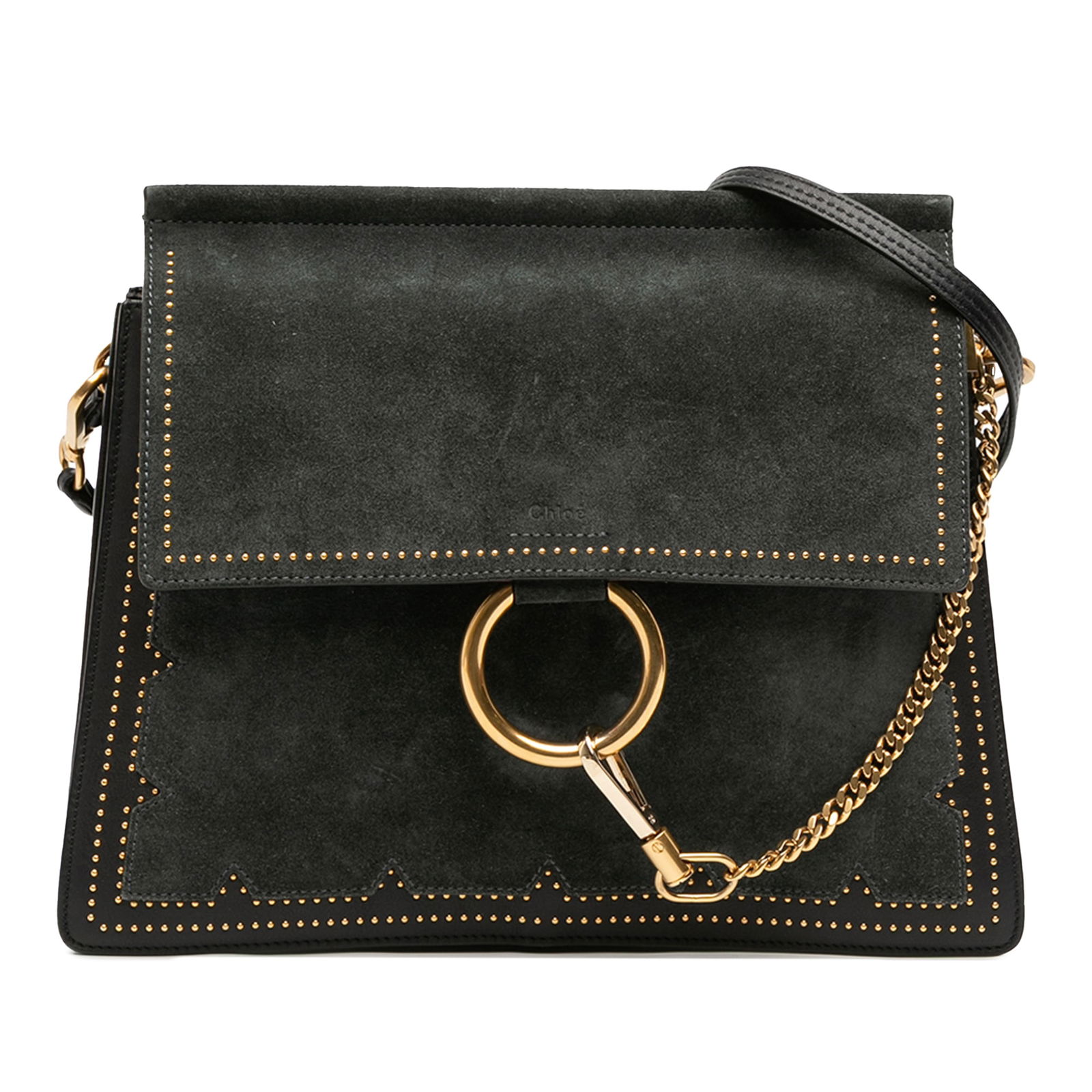 Chloe Medium Faye Crossbody Bag in Black Suede and Calfskin: Chloe Medium Faye Crossbody Bag in Black Suede and Calfskin Introducing the Chloe Medium Studded Suede and Calfskin Faye Crossbody, a stylish and versatile bag perfect for any occasion. This bag showc