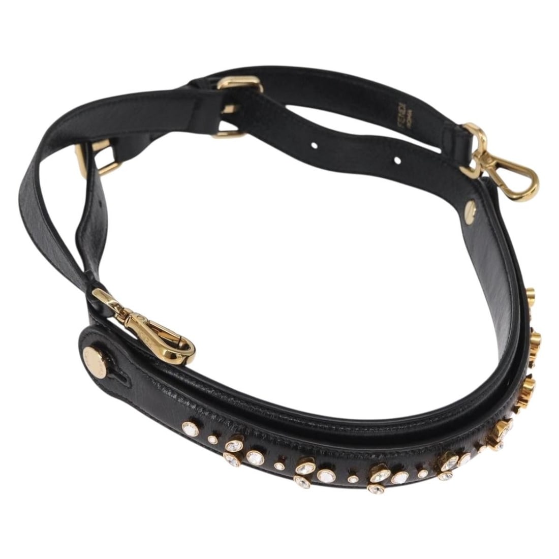 Black Leather Fendi Shoulder Strap Adjustable 33.9 to 41.7 Inches with Dust Bag: Black Leather Fendi Shoulder Strap Adjustable 33.9 to 41.7 Inches with Dust Bag This FENDI adjustable leather shoulder strap features a sleek black design with gold-tone accents. The strap measures ap