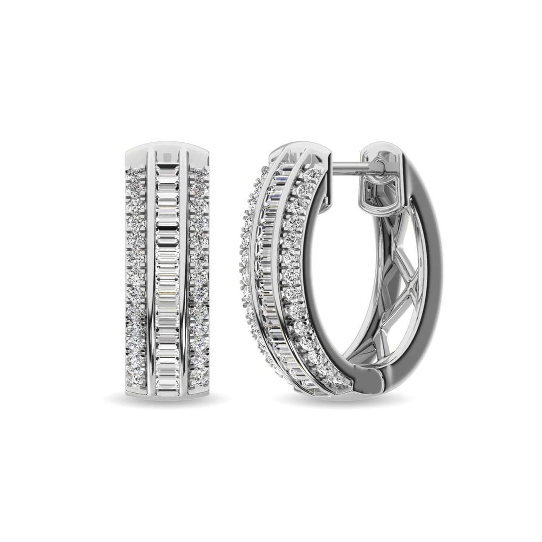 Diamond 1/3 Ct.Tw. Round and Baguette Hoop Earrings in 10K White Gold: Diamond 1/3 Ct.Tw. Round and Baguette Hoop Earrings in 10K White Gold 10k White Gold Stone Color: G-h Stone Clarity: I1 This item may take 2-5 weeks for shipping. PLEASE NOTE: Framed, Large, or heavy