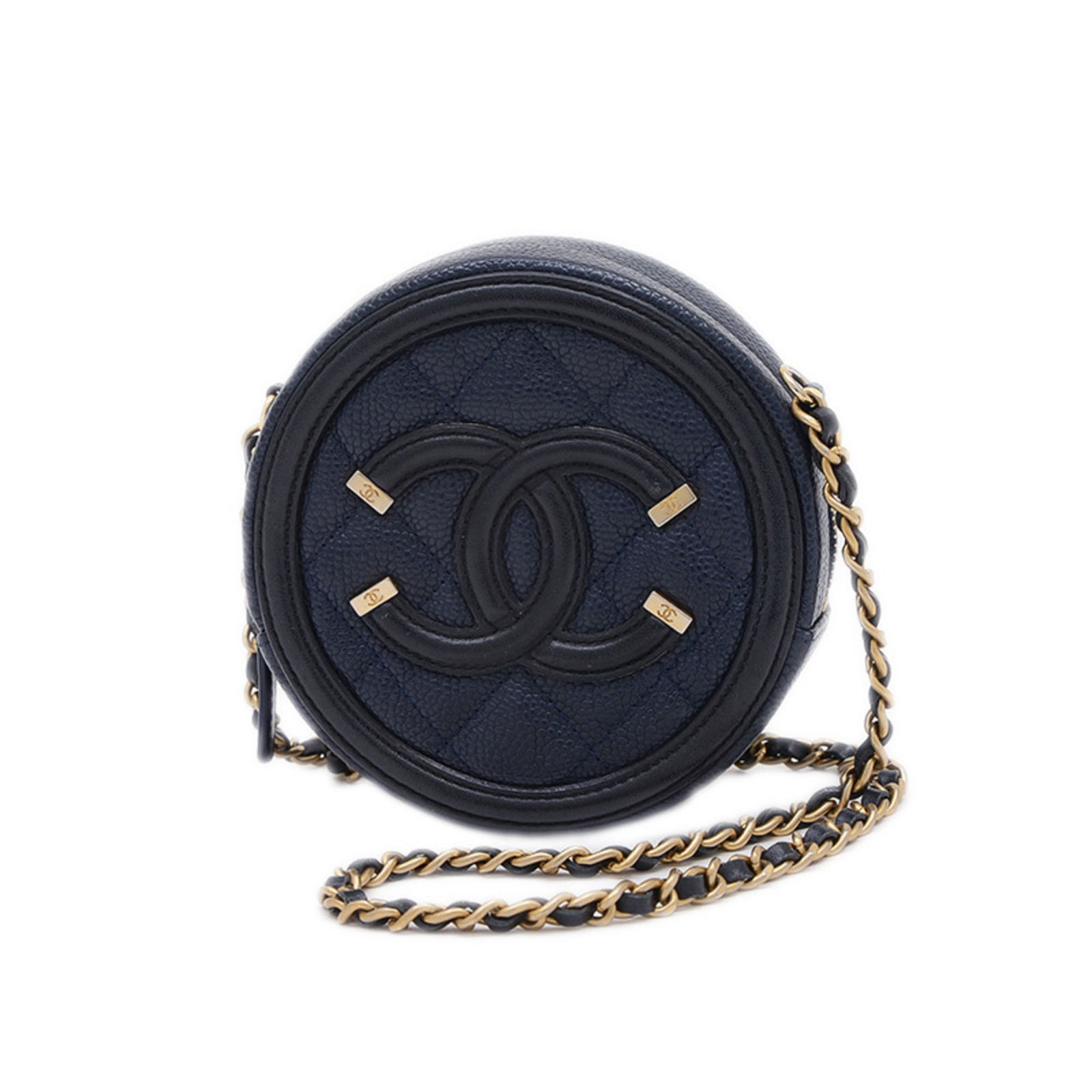 Chanel CC Filigree Navy Leather Crossbody Bag 12cm Made in Italy: Chanel CC Filigree Navy Leather Crossbody Bag 12cm Made in Italy This Chanel CC Filigree handbag is crafted from navy leather and features a compact, structured silhouette. The bag includes a long str