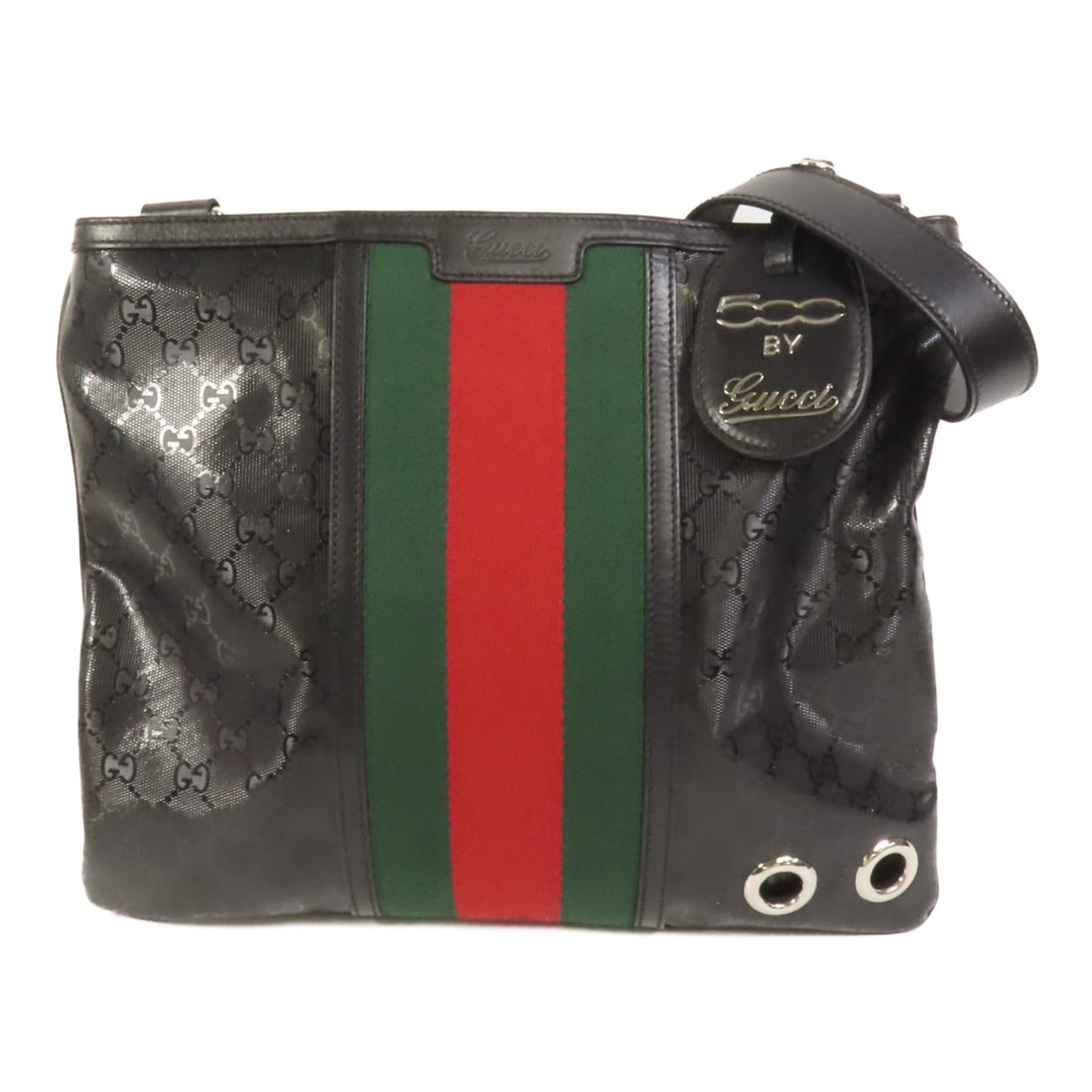 Gucci Black GG Canvas Shoulder Bag with Silver Hardware: Gucci Black GG Canvas Shoulder Bag with Silver Hardware This Gucci shoulder bag features a sleek black PVC coated canvas exterior, offering both durability and style. Crafted in Italy, the bag is desi