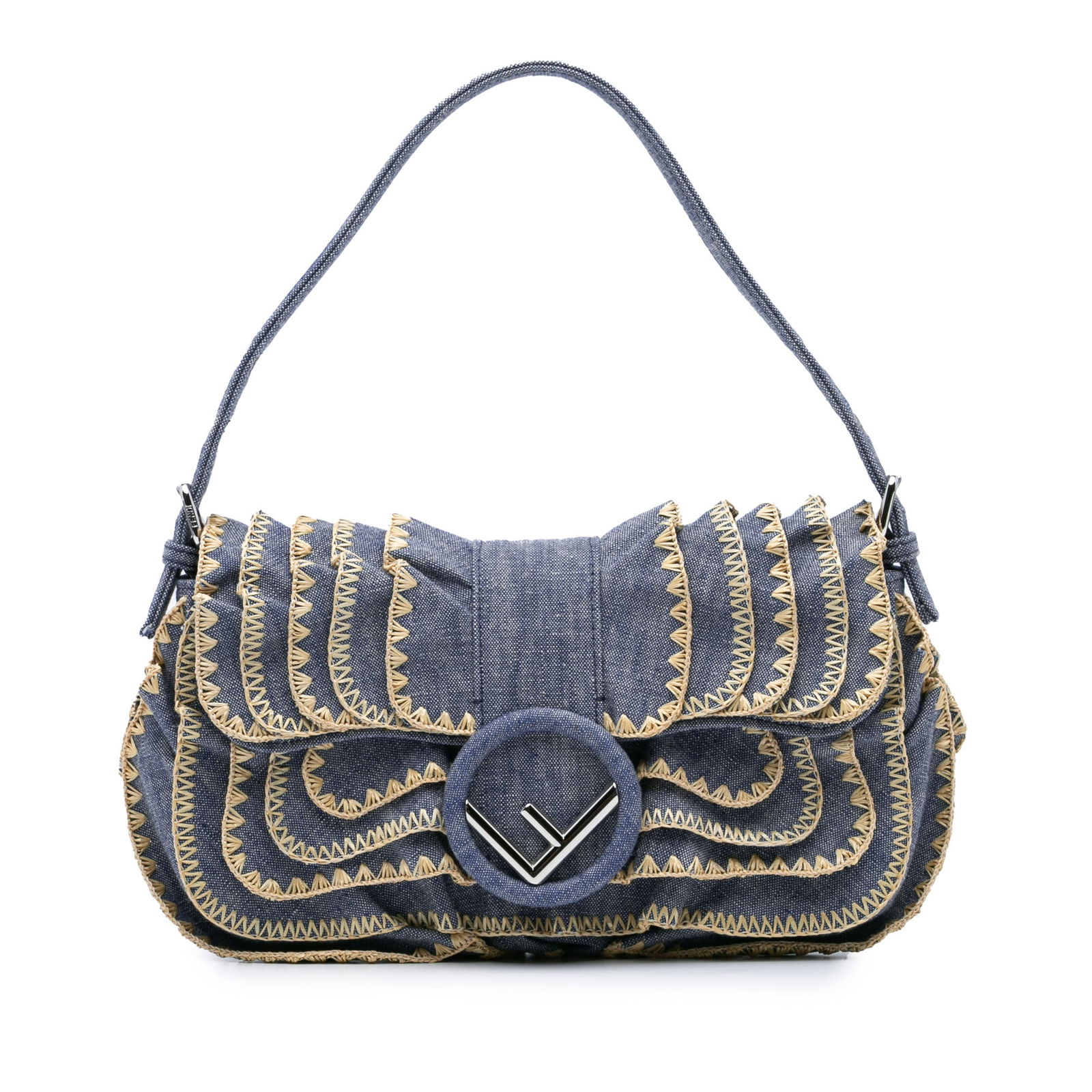 Fendi Embroidered Denim Ruffled Kan I Baguette Handbag Blue (1 of 10)