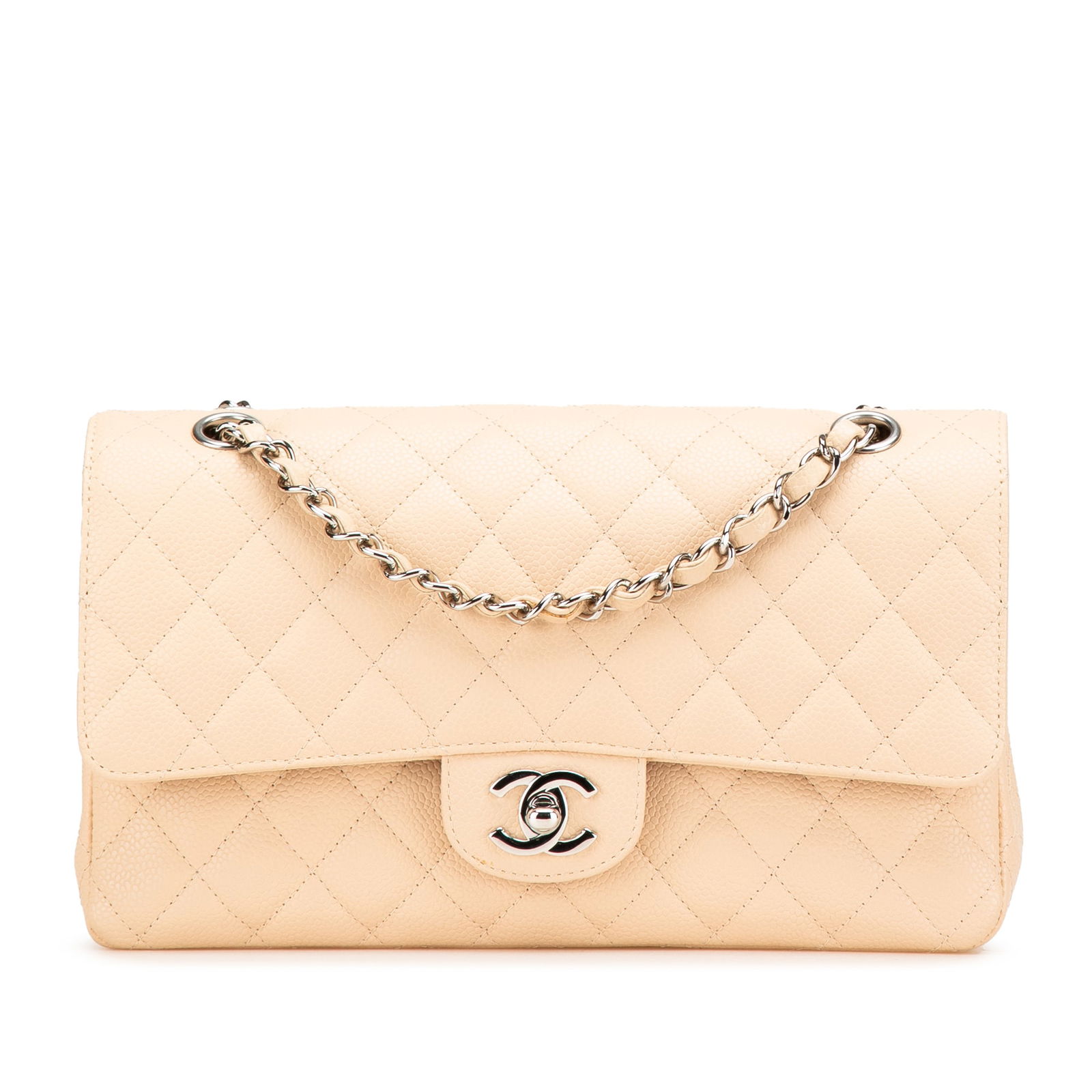 Chanel Medium Classic Caviar Double Flap Brown Leather Shoulder Bag: Chanel Medium Classic Caviar Double Flap Brown Leather Shoulder Bag The Chanel Medium Classic Caviar Double Flap is a luxurious shoulder bag crafted from quilted caviar leather, featuring a leather wo