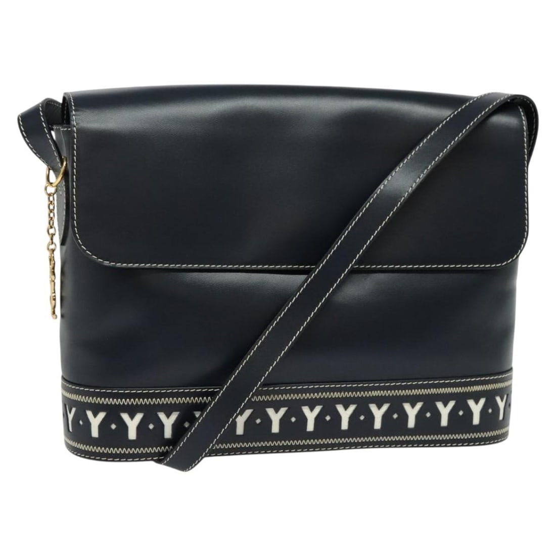 SAINT LAURENT Y Cut Navy Gold Leather Shoulder Bag with Adjustable Strap: SAINT LAURENT Y Cut Navy Gold Leather Shoulder Bag with Adjustable Strap This stylish SAINT LAURENT Y Cut Shoulder Bag is crafted from high-quality leather in a sophisticated navy and gold color combi