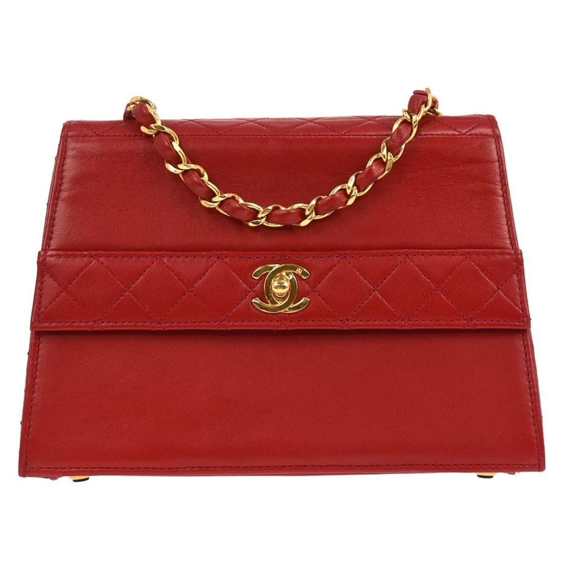 Red Quilted Lambskin Chain Strap Crossbody by Chanel Matrasse: Red Quilted Lambskin Chain Strap Crossbody by Chanel Matrasse This Chanel shoulder bag is crafted from red lambskin leather and features a quilted Matrasse pattern. The bag has a turn lock flap closur