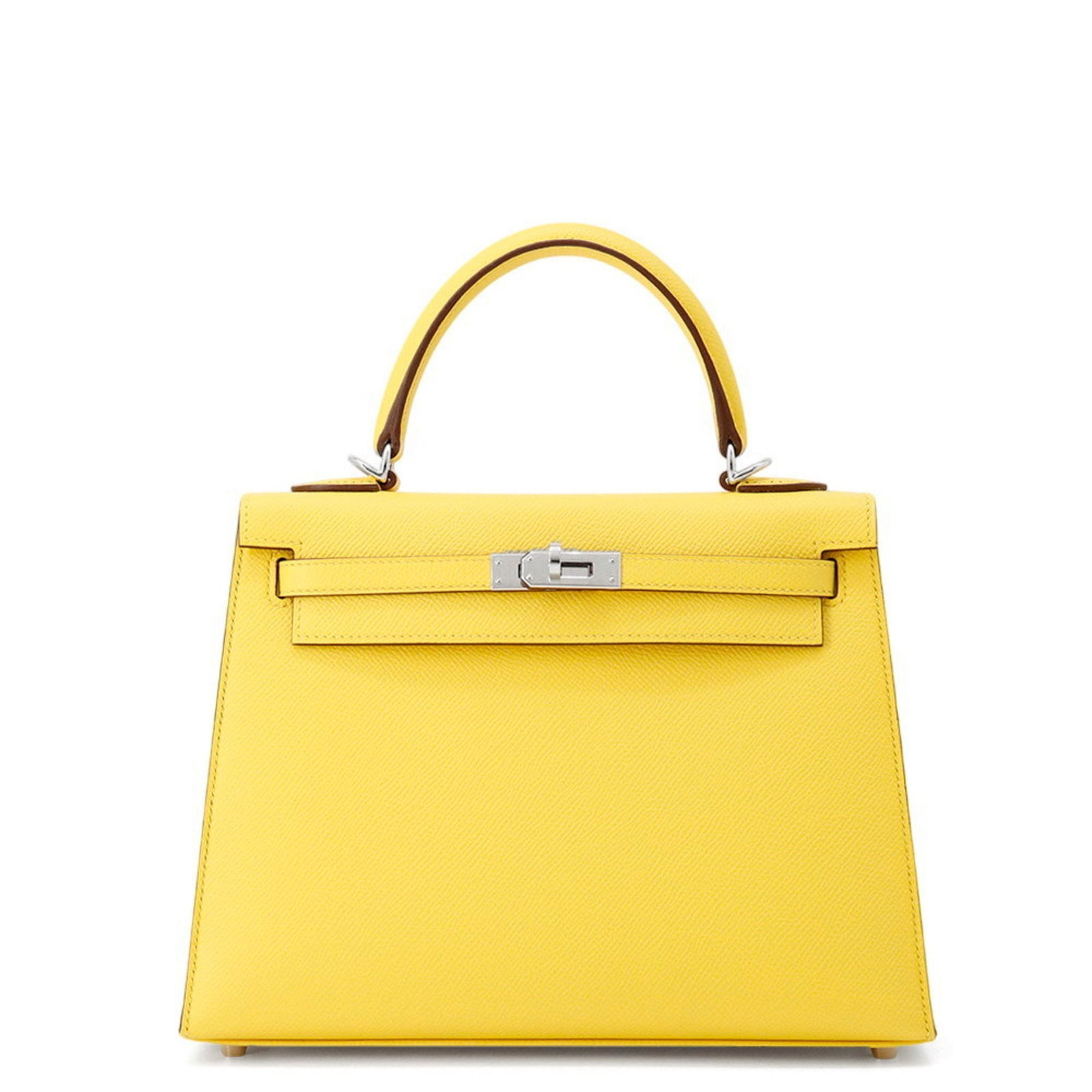 Yellow Leather Hermes Kelly 25 Handbag 18cm x 25cm x 10cm: Yellow Leather Hermes Kelly 25 Handbag 18cm x 25cm x 10cm This Hermes Kelly 25 handbag features a striking yellow leather exterior and is designed for women. The bag is crafted in France and is in ove