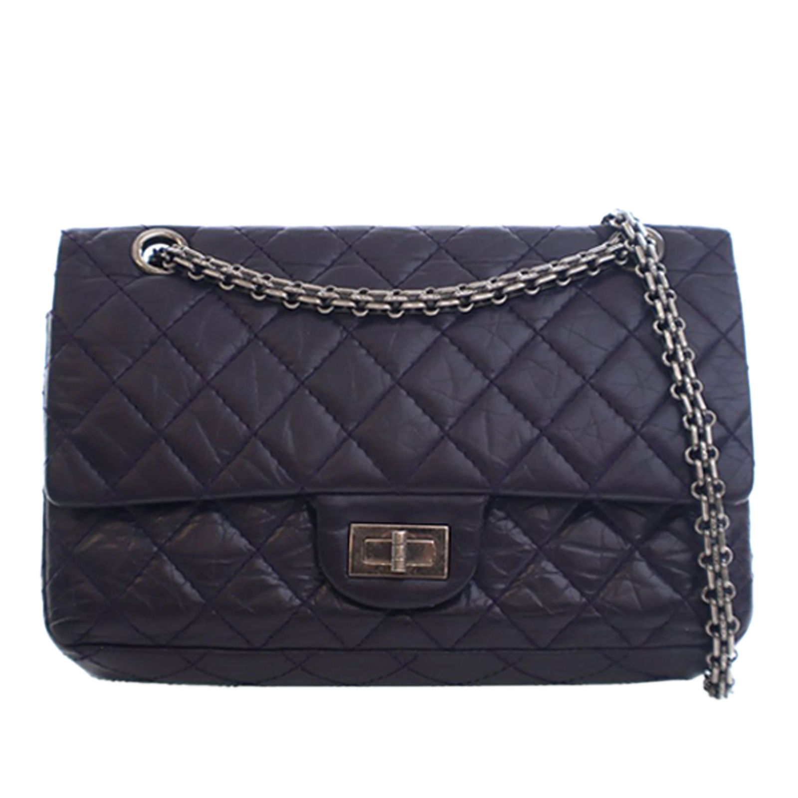 Chanel Reissue 2.55 Double Flap 225 Quilted Aged Calfskin Shoulder Bag: Chanel Reissue 2.55 Double Flap 225 Quilted Aged Calfskin Shoulder Bag This Chanel Quilted Aged Calfskin Reissue 2.55 Double Flap 225 is crafted from purple quilted calfskin leather and features silve