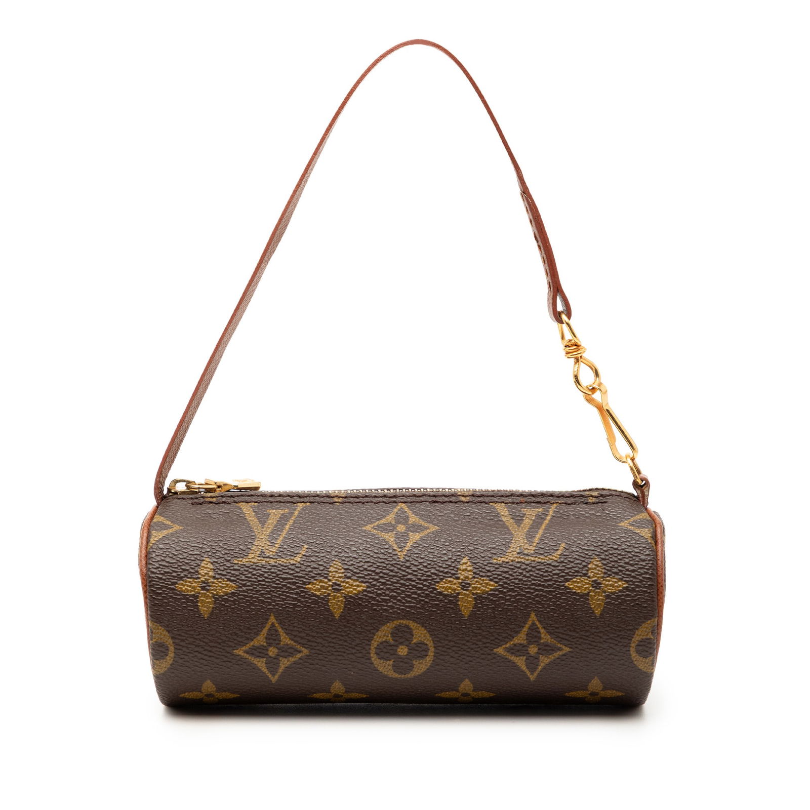 Louis Vuitton Papillon Pochette Brown Monogram Canvas Bag with Leather Strap: Louis Vuitton Papillon Pochette Brown Monogram Canvas Bag with Leather Strap The Louis Vuitton Monogram Papillon Pochette features a classic monogram canvas body, a flat leather strap, and a top zip c