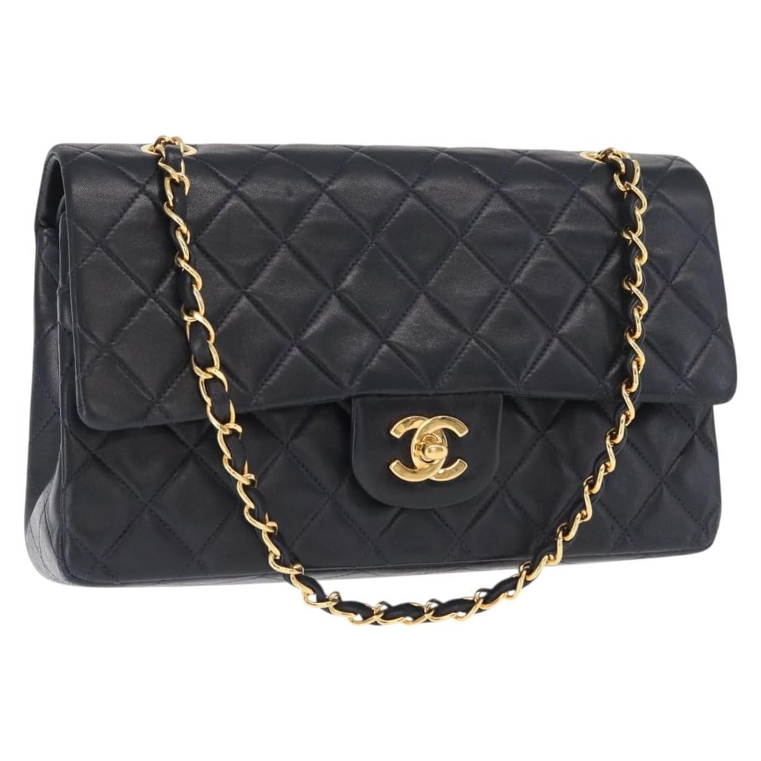 Navy Lambskin Matelasse Double Flap Shoulder Bag by Chanel with Gold CC (1 of 18)