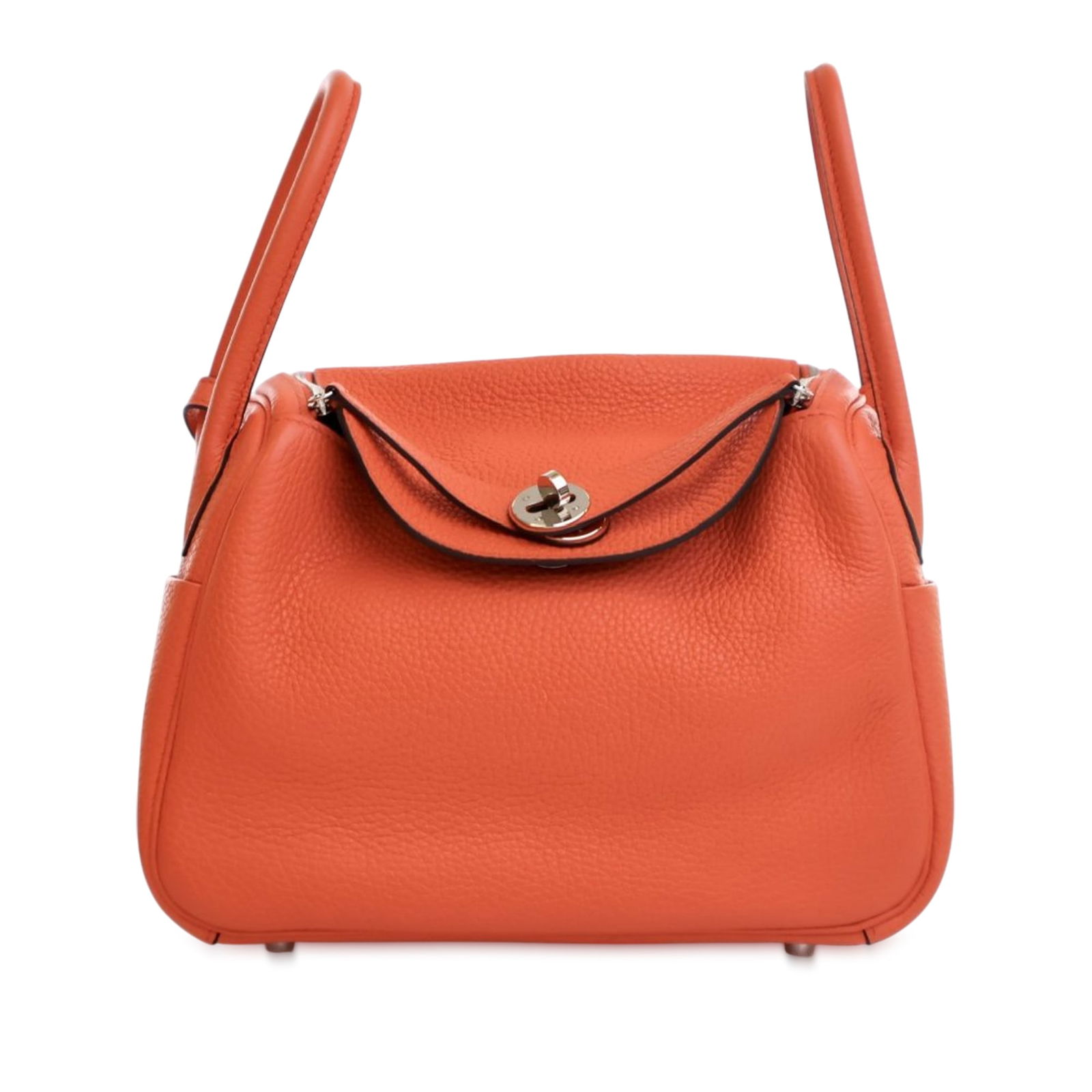 Hermes Clemence Lindy 26 Capucine Leather Handbag: Hermes Clemence Lindy 26 Capucine Leather Handbag The Hermes Clemence Lindy 26 is an exquisite bag crafted from premium Clemence leather in a vibrant Capucine (orange) color. It features rolled handle