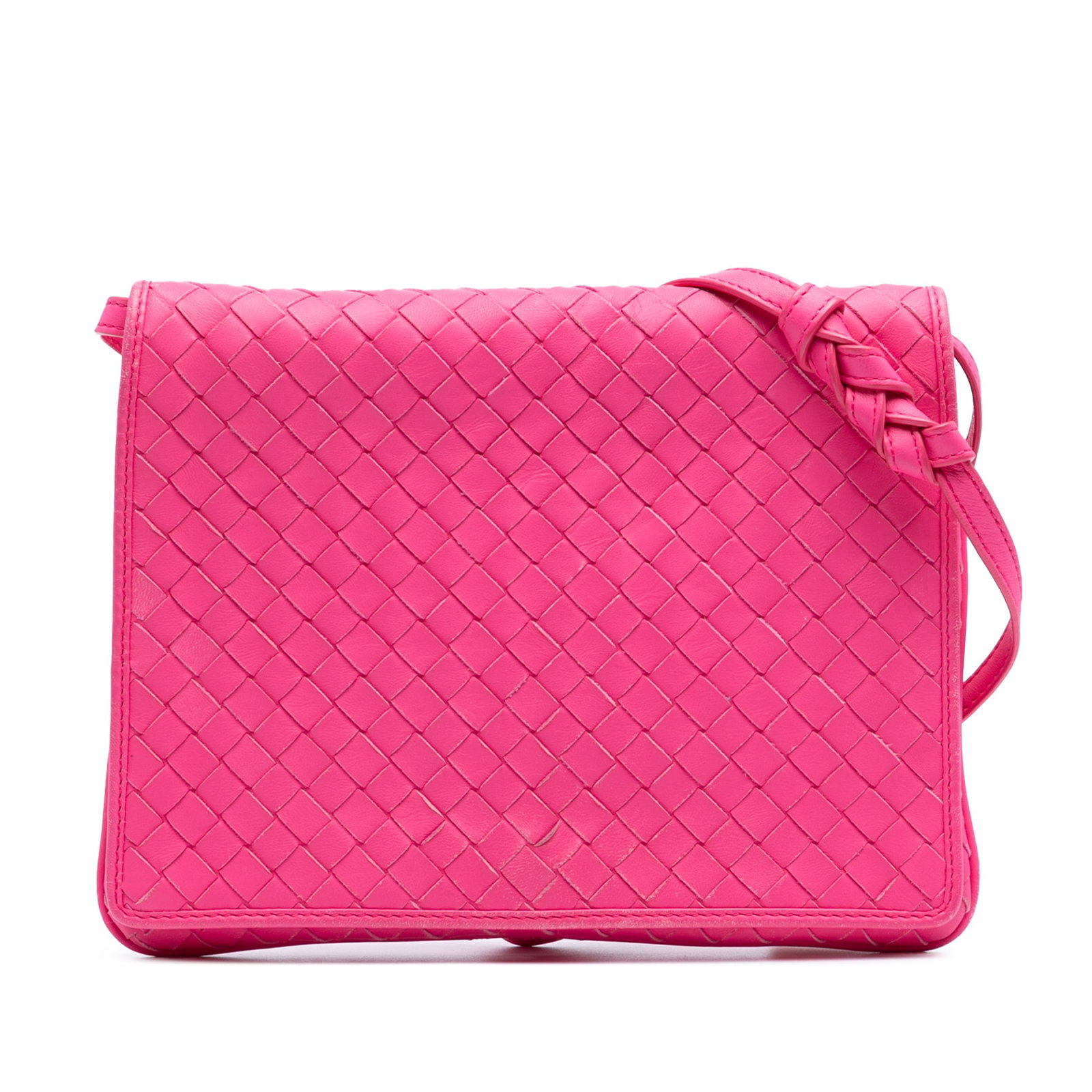 Bottega Veneta Pink Nappa Intrecciato Flap Crossbody Bag: Bottega Veneta Pink Nappa Intrecciato Flap Crossbody Bag This Bottega Veneta Nappa Intrecciato Flap Crossbody bag showcases a sophisticated woven leather design in an elegant pink hue. It features an
