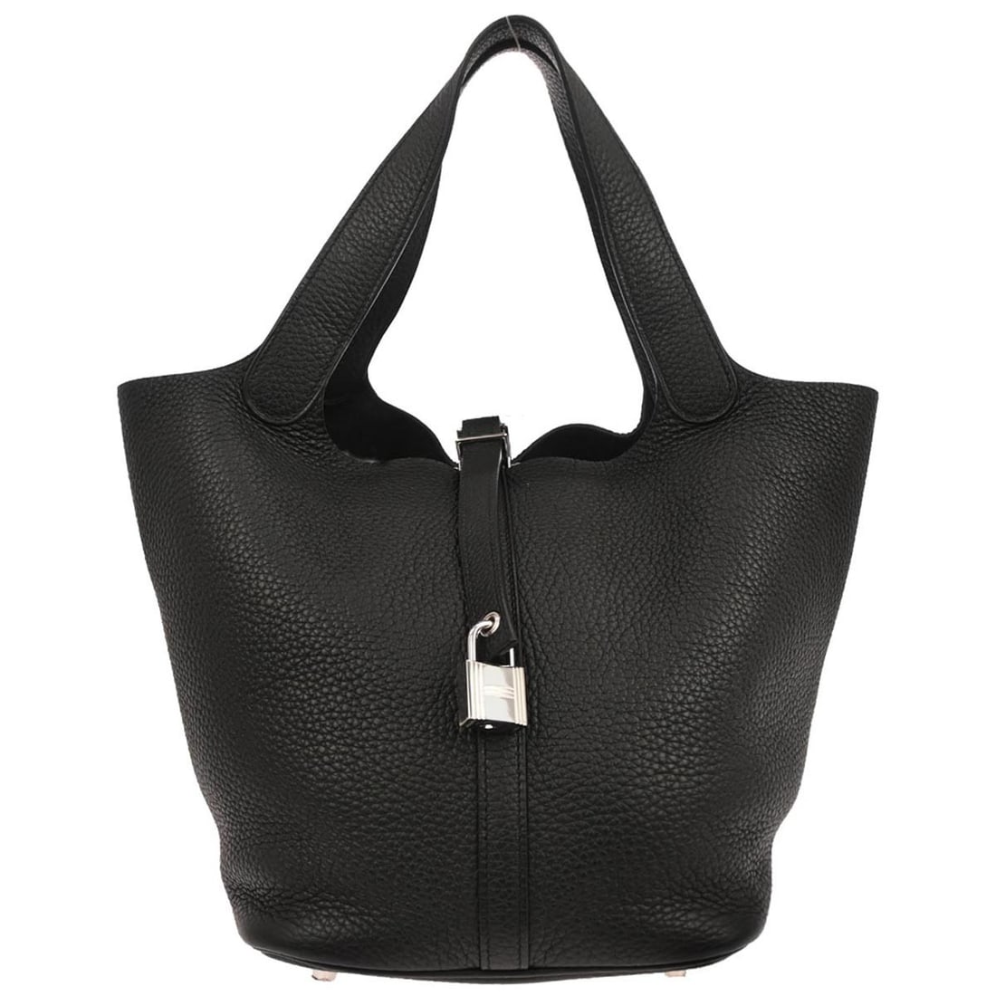 Picotin Lock 22 MM Black Taurillon Clemence Handbag by Hermes: Picotin Lock 22 MM Black Taurillon Clemence Handbag by Hermes This Hermes Picotin Lock 22 MM handbag is crafted from black Taurillon Clemence leather and features double handles, a buckle closure, and