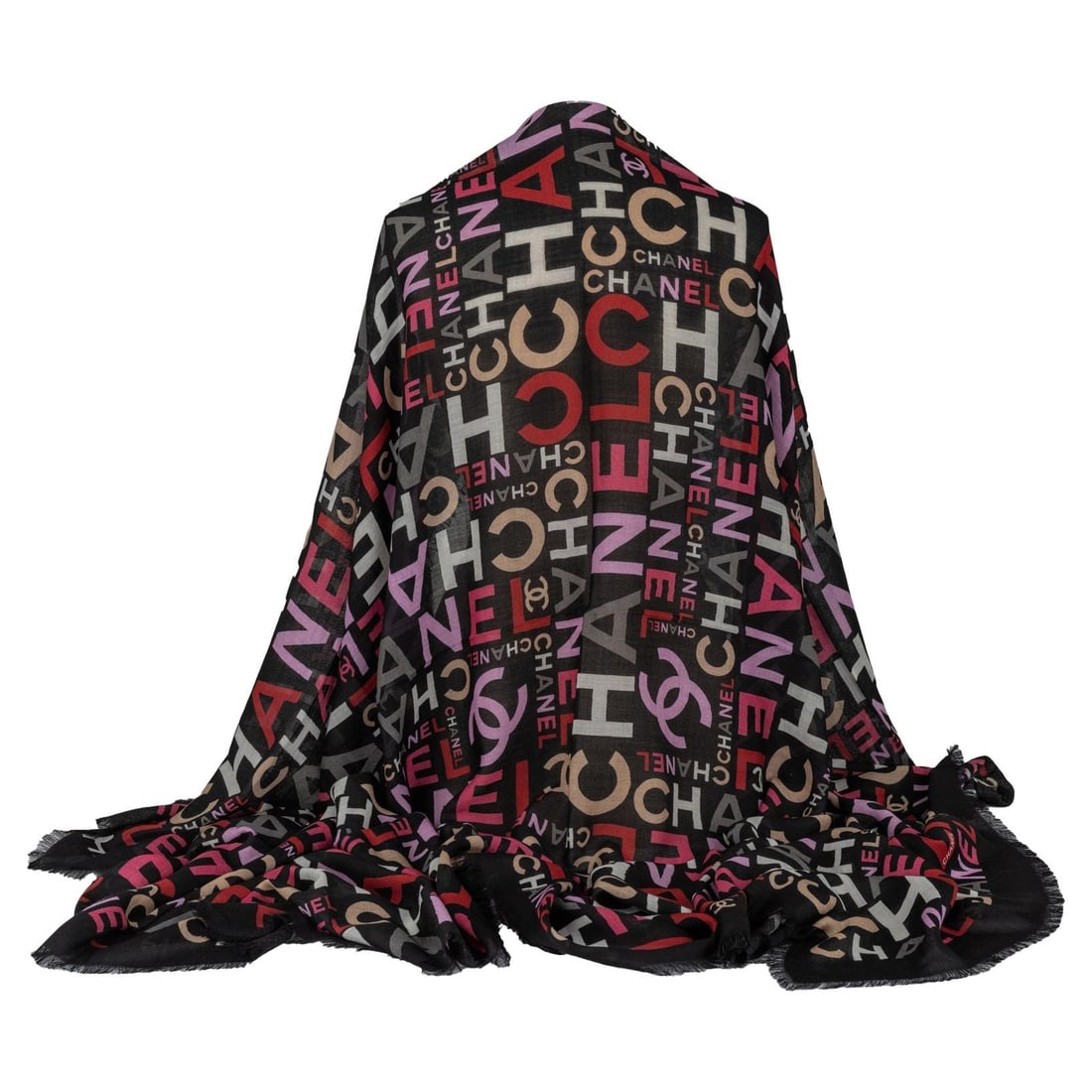 Chanel New Cashmere Shawl Multicolor Signature Print Italy: Chanel New Cashmere Shawl Multicolor Signature Print Italy This exquisite Chanel cashmere shawl showcases a vibrant multicolor print of various Chanel signatures against a classic black background. Cr