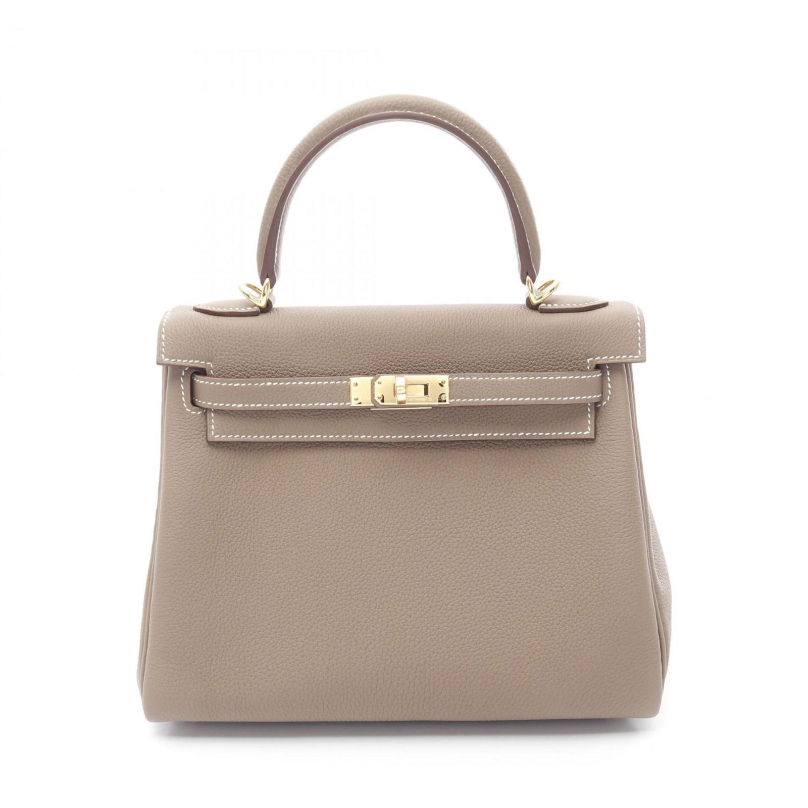 Hermes Kelly 25 gray leather handbag France: Hermes Kelly 25 gray leather handbag France This Hermes Kelly 25 handbag features a gray leather exterior and is designed for women. It includes metal fittings and has a structured shape. The bag show