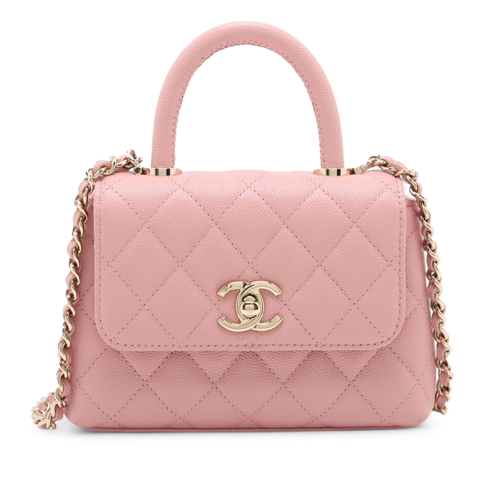 Chanel Pink Caviar Leather Extra Mini Coco Top Handle Satchel with Chain Strap: Chanel Pink Caviar Leather Extra Mini Coco Top Handle Satchel with Chain Strap This Chanel Extra Mini Quilted Caviar Coco Top Handle Bag features a quilted caviar leather body in pink, a rolled top ha