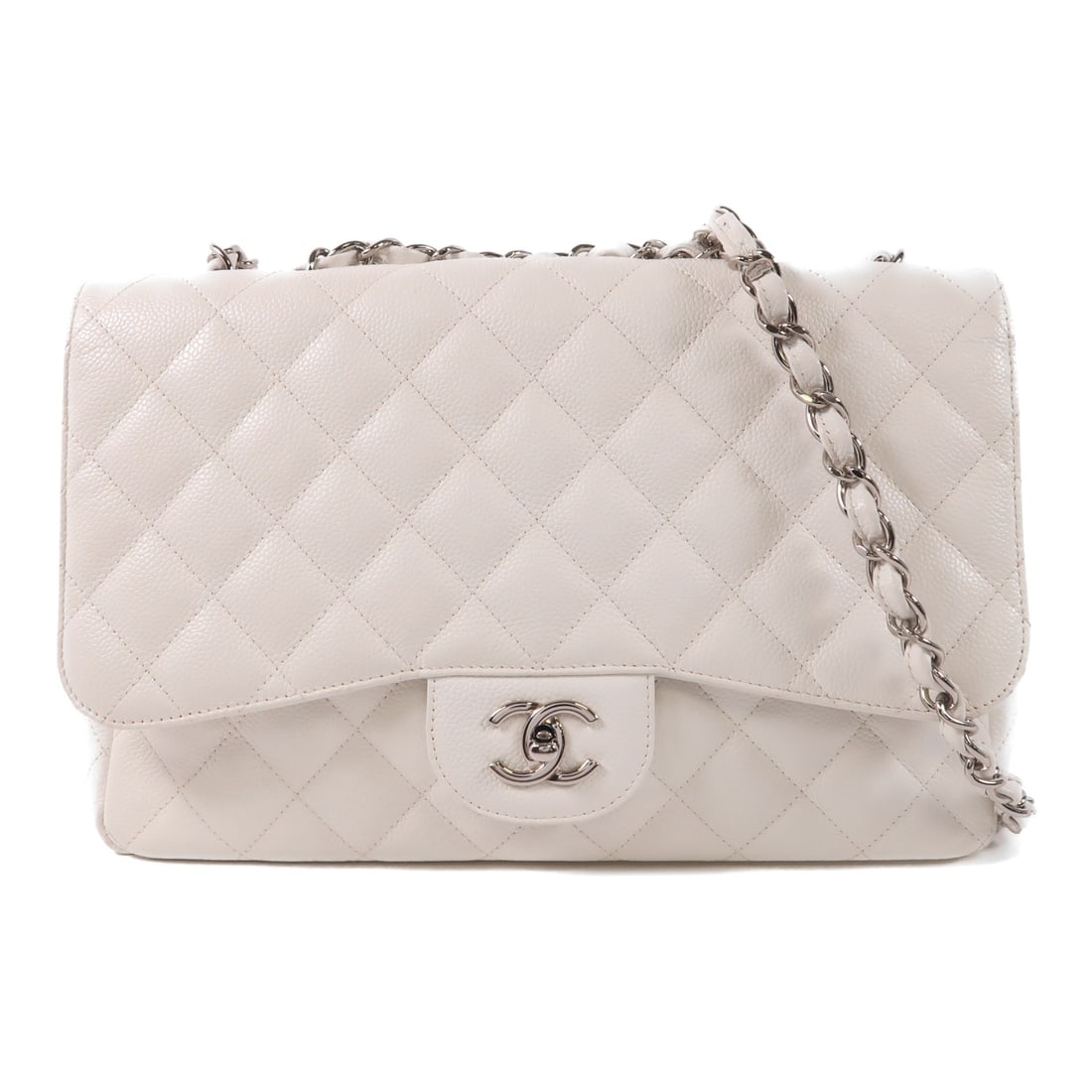 CHANEL White Calfskin Large Classic Chain Shoulder Bag (1 of 18)