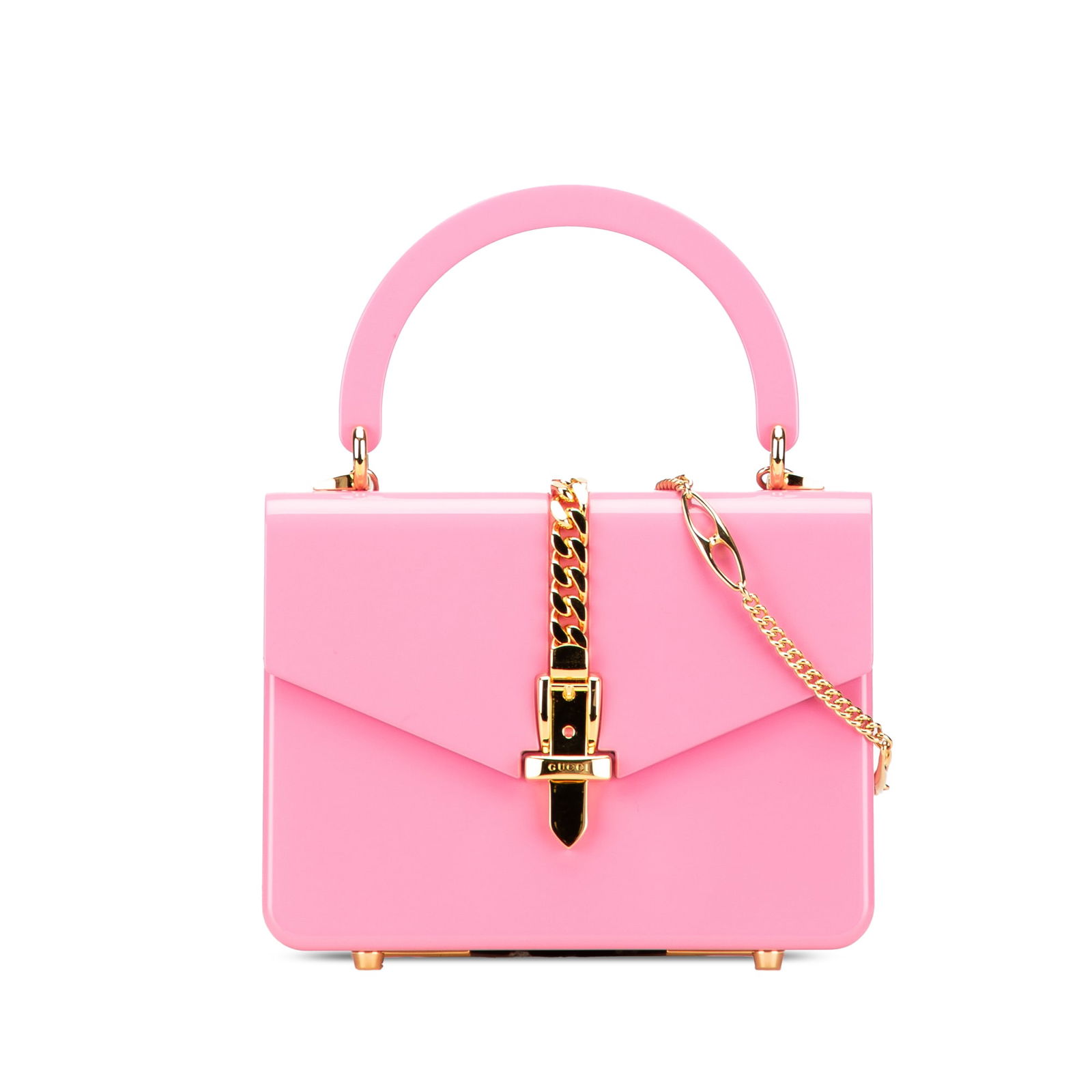 Gucci Mini Acrylic Sylvie 1969 Top Handle Bag Pink: Gucci Mini Acrylic Sylvie 1969 Top Handle Bag Pink The Gucci Mini Acrylic Sylvie 1969 Top Handle Bag is a stylish satchel crafted from vibrant pink acrylic. It features a flat top handle and a detacha