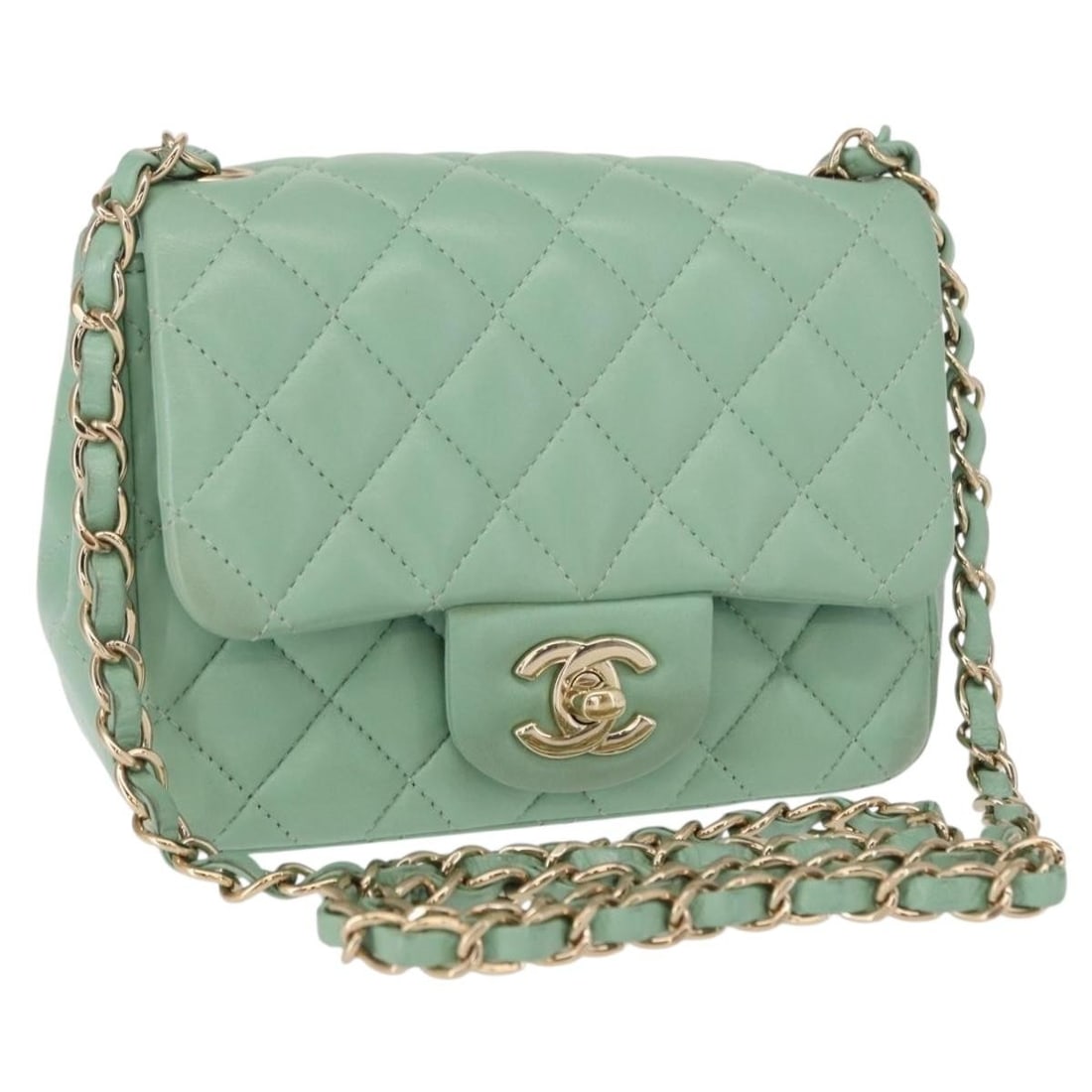 Chanel Mini Matelasse 16 Lime Green Lambskin Chain Shoulder Bag With Gold CC: Chanel Mini Matelasse 16 Lime Green Lambskin Chain Shoulder Bag With Gold CC This CHANEL Chain Mini Matelasse 16 shoulder bag is crafted from lambskin leather in a striking lime green color with gold-